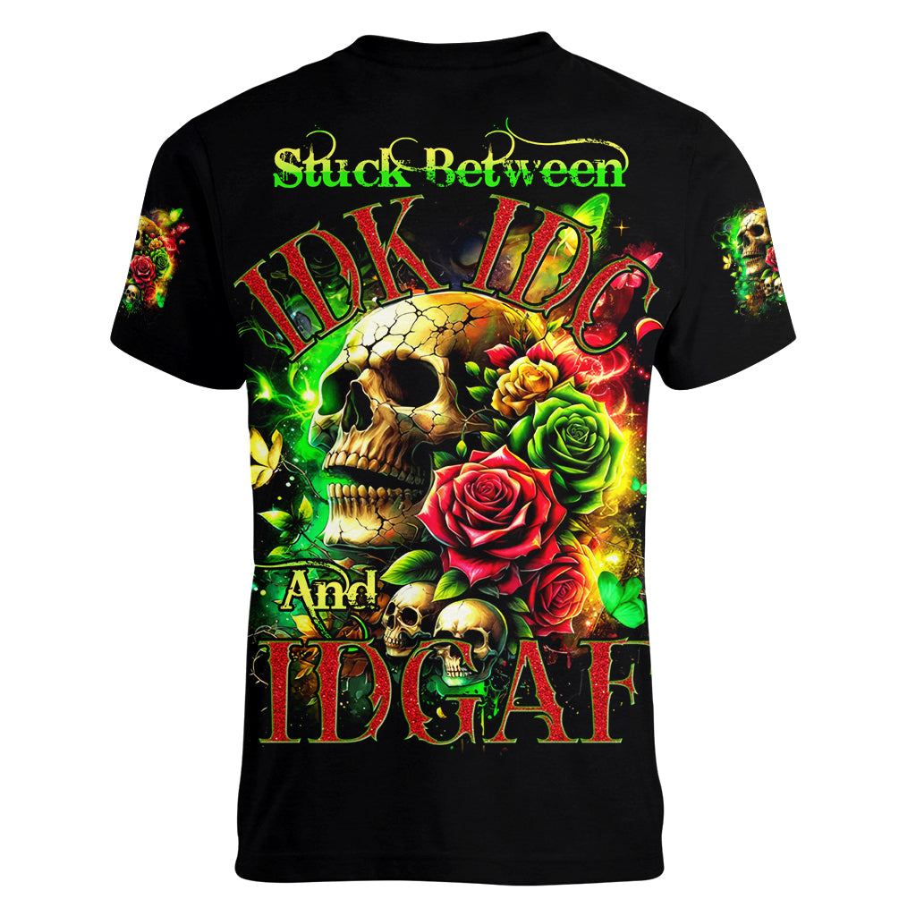 Rose Skull Women V Neck T Shirt Stuck Between IDK IDC - Wonder Print Shop