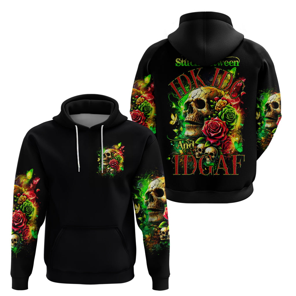 Rose Skull Zip Hoodie Stuck Between IDK IDC - Wonder Print Shop