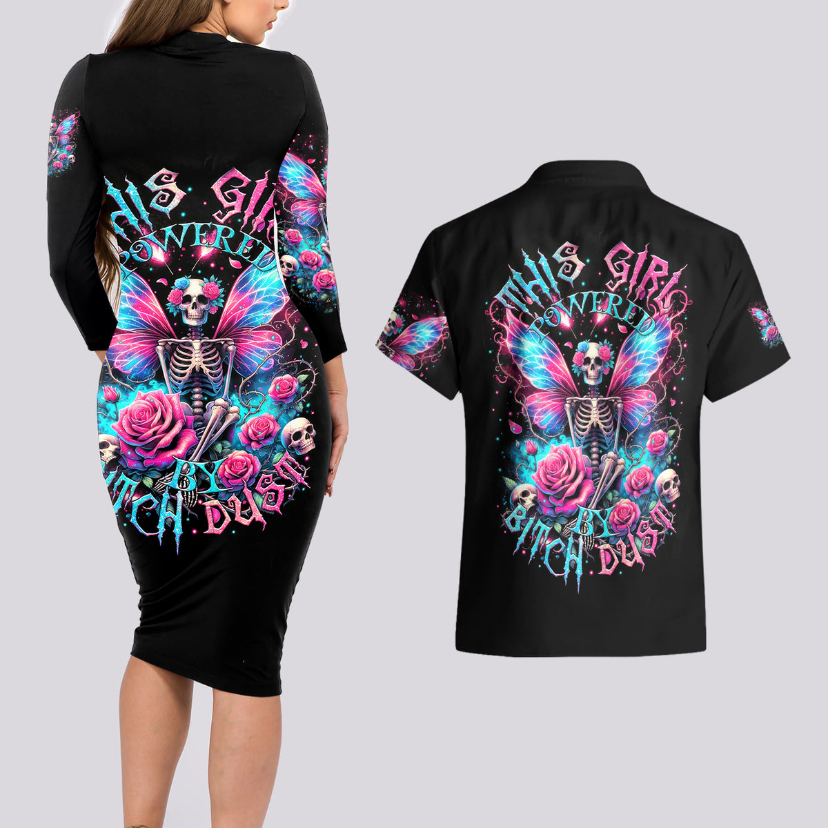 Fairy Skull Couples Matching Long Sleeve Bodycon Dress and Hawaiian Shirt This Girl Powered By Bitch Dust - Wonder Print Shop