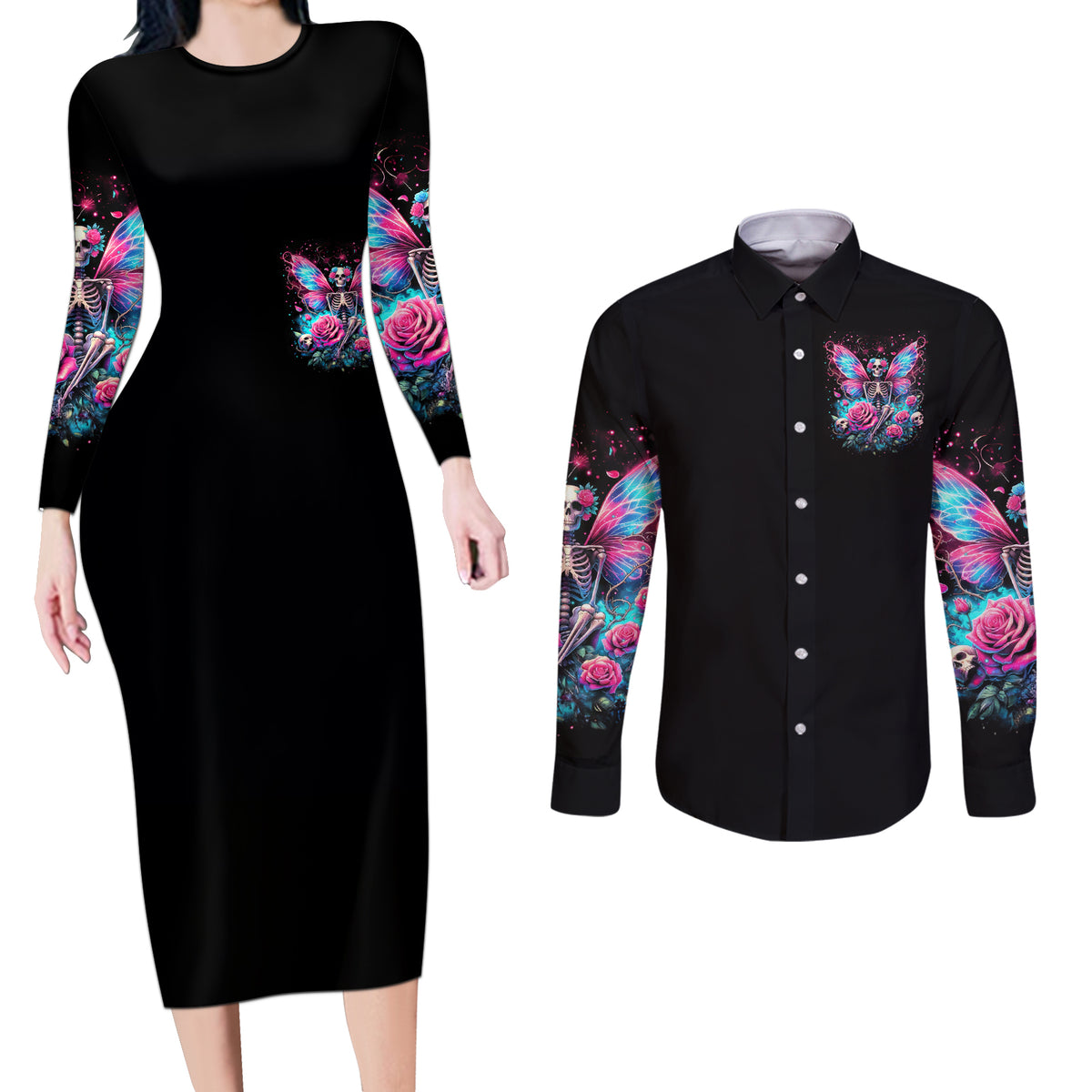 Fairy Skull Couples Matching Long Sleeve Bodycon Dress and Long Sleeve Button Shirt This Girl Powered By Bitch Dust - Wonder Print Shop
