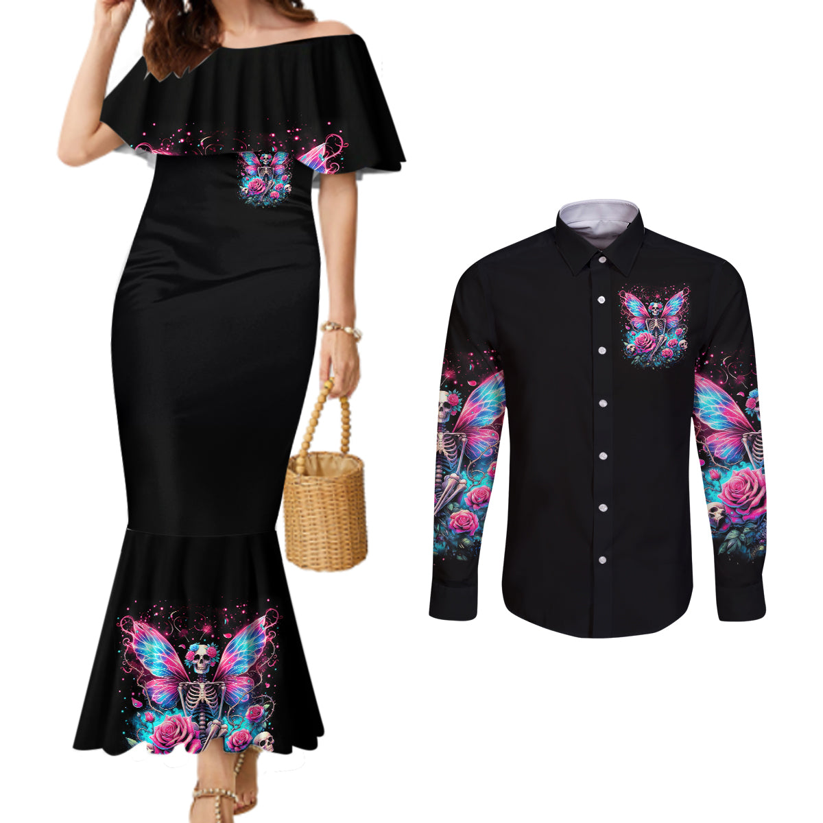 Fairy Skull Couples Matching Mermaid Dress and Long Sleeve Button Shirt This Girl Powered By Bitch Dust