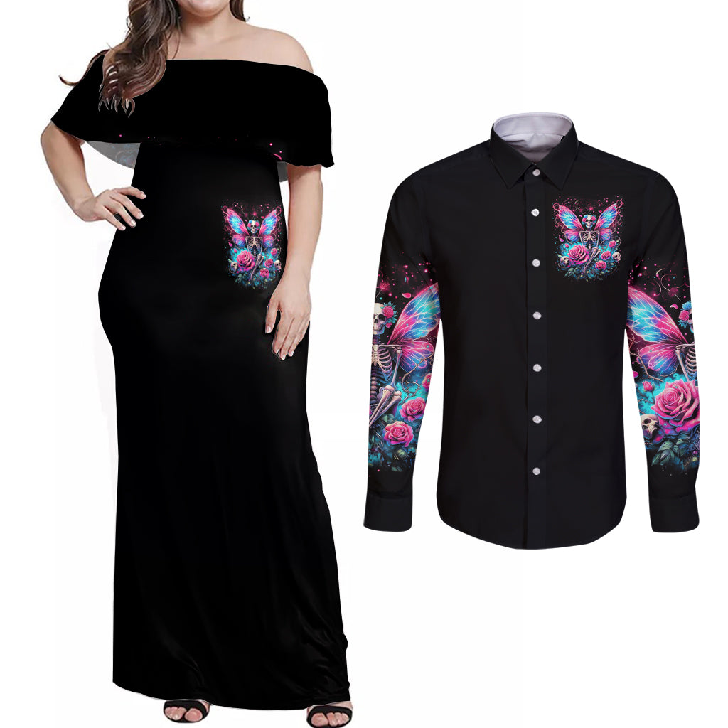 Fairy Skull Couples Matching Off Shoulder Maxi Dress and Long Sleeve Button Shirt This Girl Powered By Bitch Dust - Wonder Print Shop