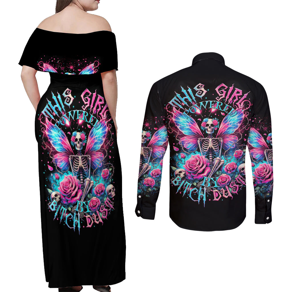 Fairy Skull Couples Matching Off Shoulder Maxi Dress and Long Sleeve Button Shirt This Girl Powered By Bitch Dust - Wonder Print Shop