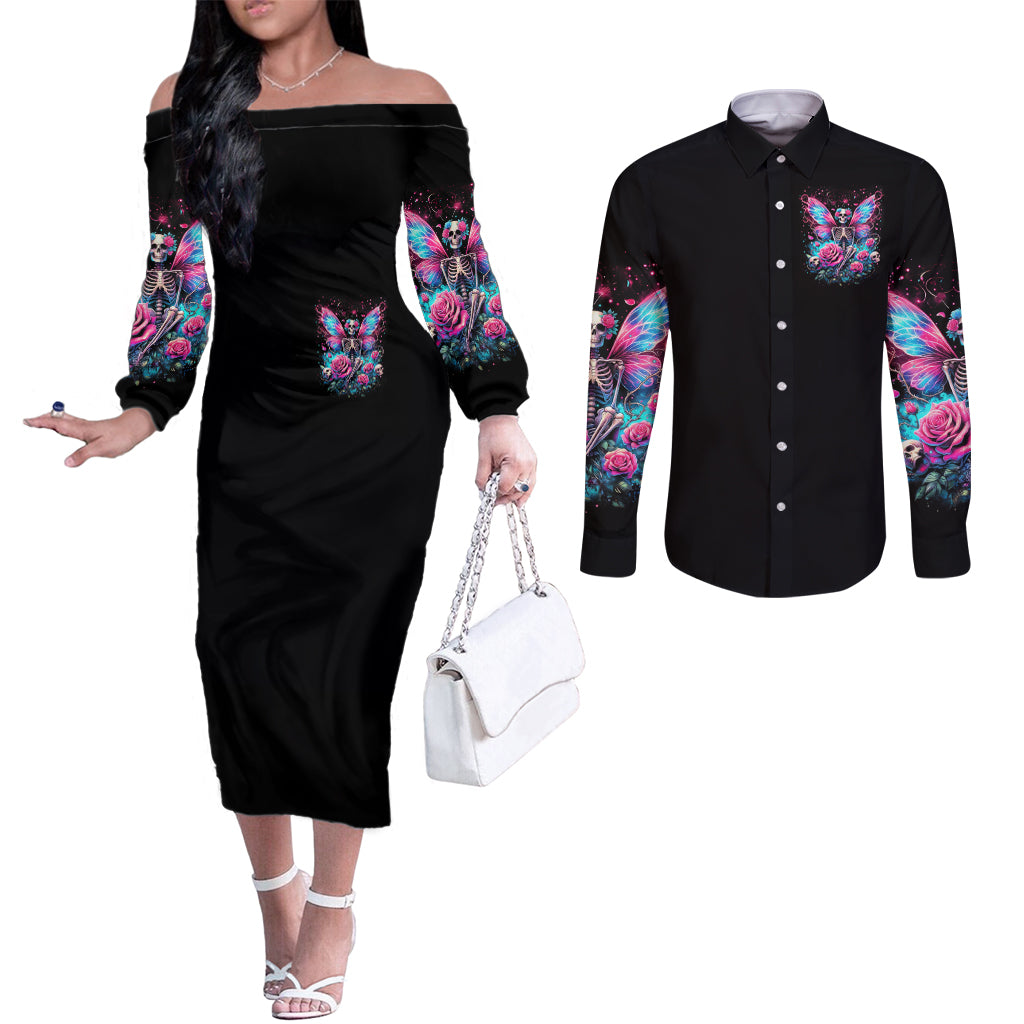 Fairy Skull Couples Matching Off The Shoulder Long Sleeve Dress and Long Sleeve Button Shirt This Girl Powered By Bitch Dust