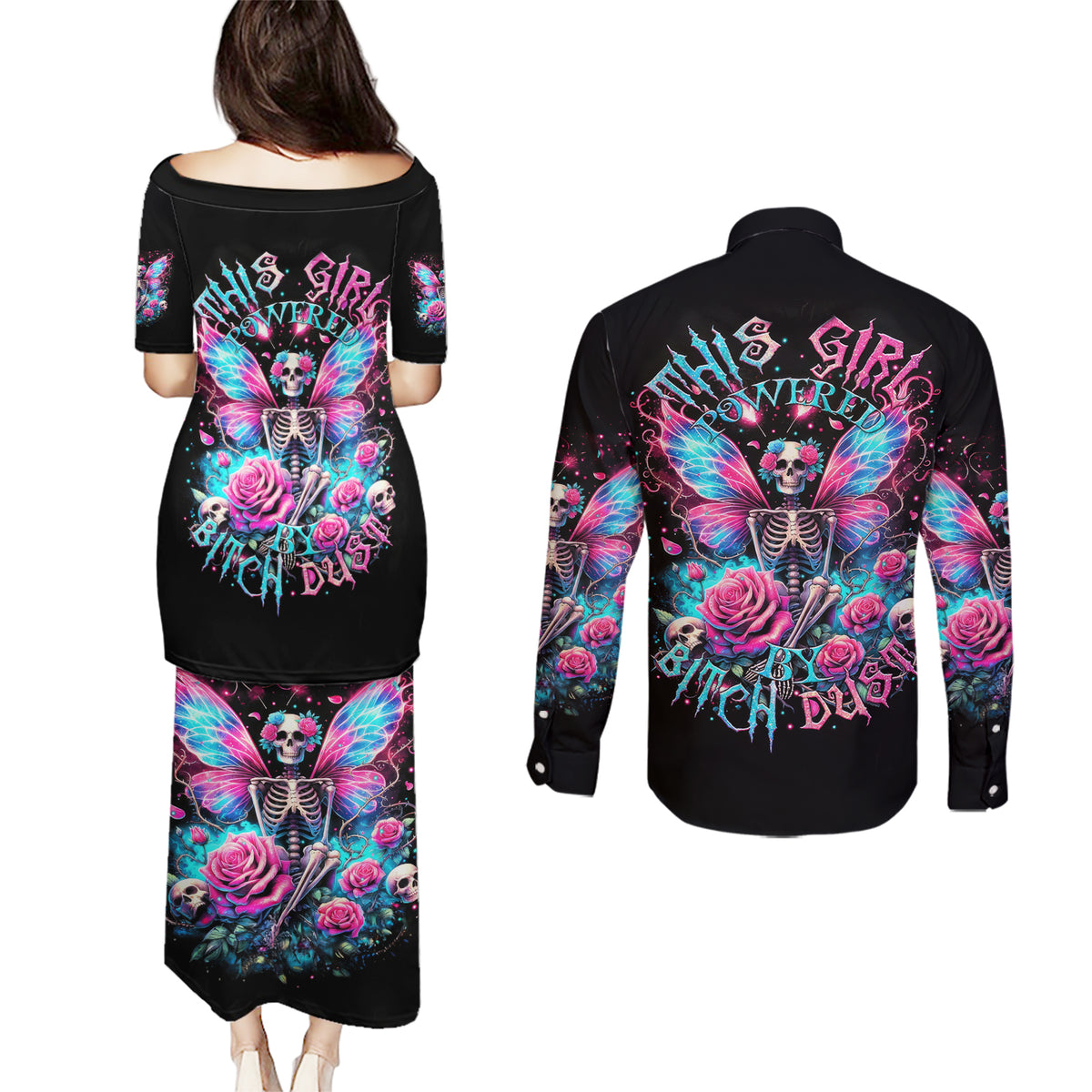 Fairy Skull Couples Matching Puletasi and Long Sleeve Button Shirt This Girl Powered By Bitch Dust - Wonder Print Shop