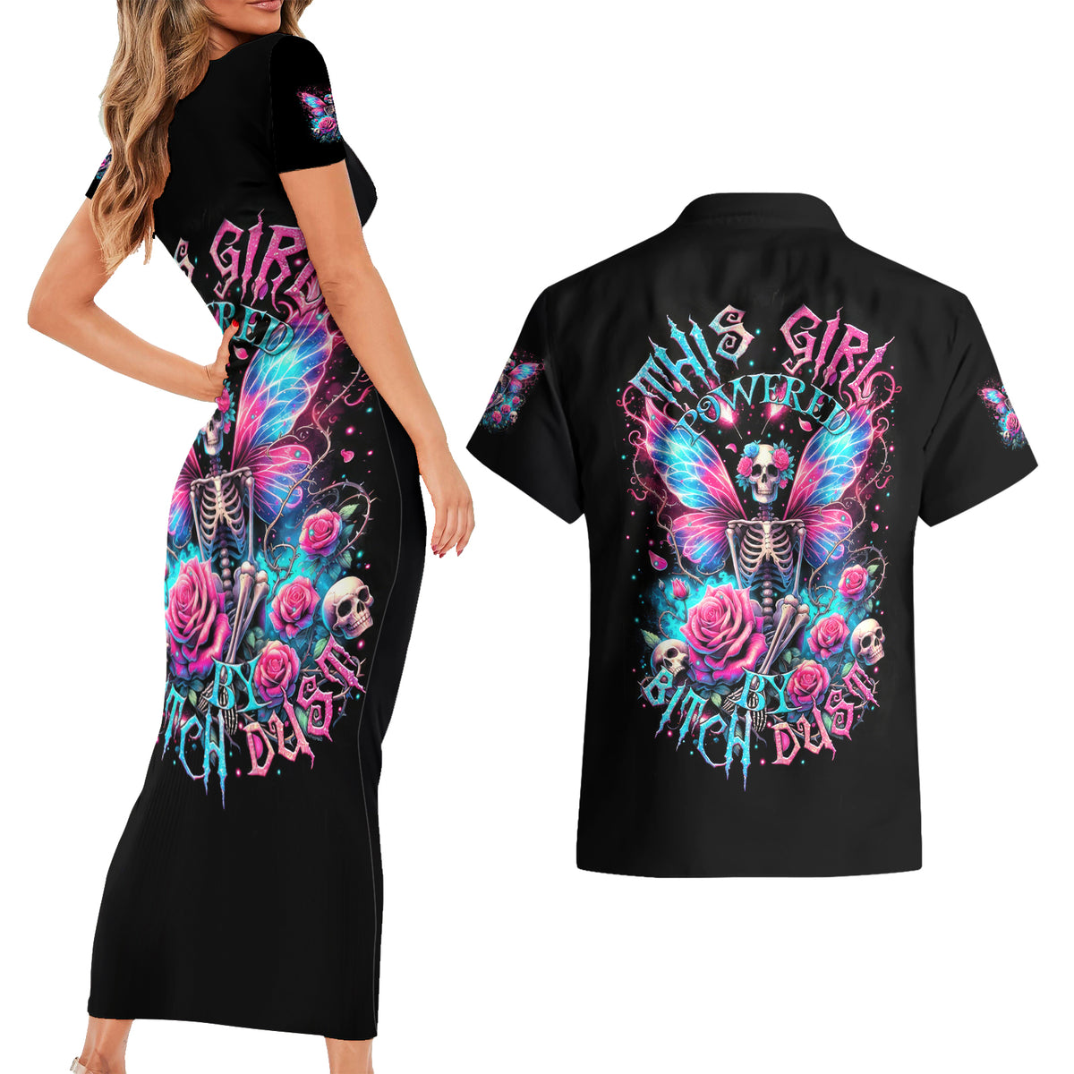 Fairy Skull Couples Matching Short Sleeve Bodycon Dress and Hawaiian Shirt This Girl Powered By Bitch Dust - Wonder Print Shop