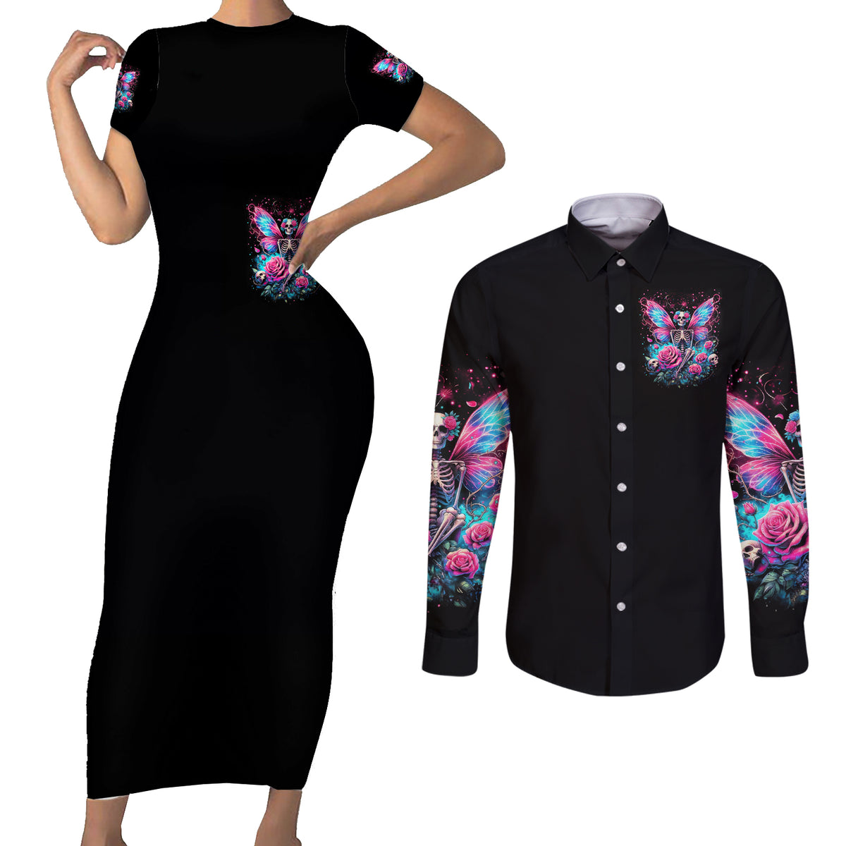 Fairy Skull Couples Matching Short Sleeve Bodycon Dress and Long Sleeve Button Shirt This Girl Powered By Bitch Dust - Wonder Print Shop