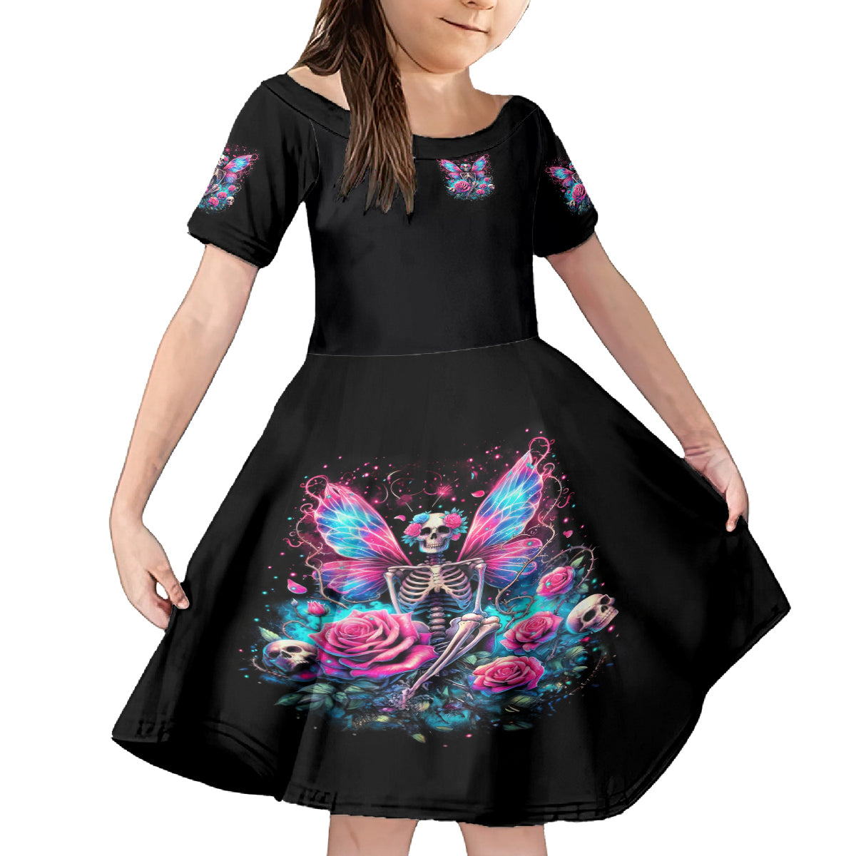 Fairy Skull Family Matching Long Sleeve Bodycon Dress and Hawaiian Shirt This Girl Powered By Bitch Dust - Wonder Print Shop