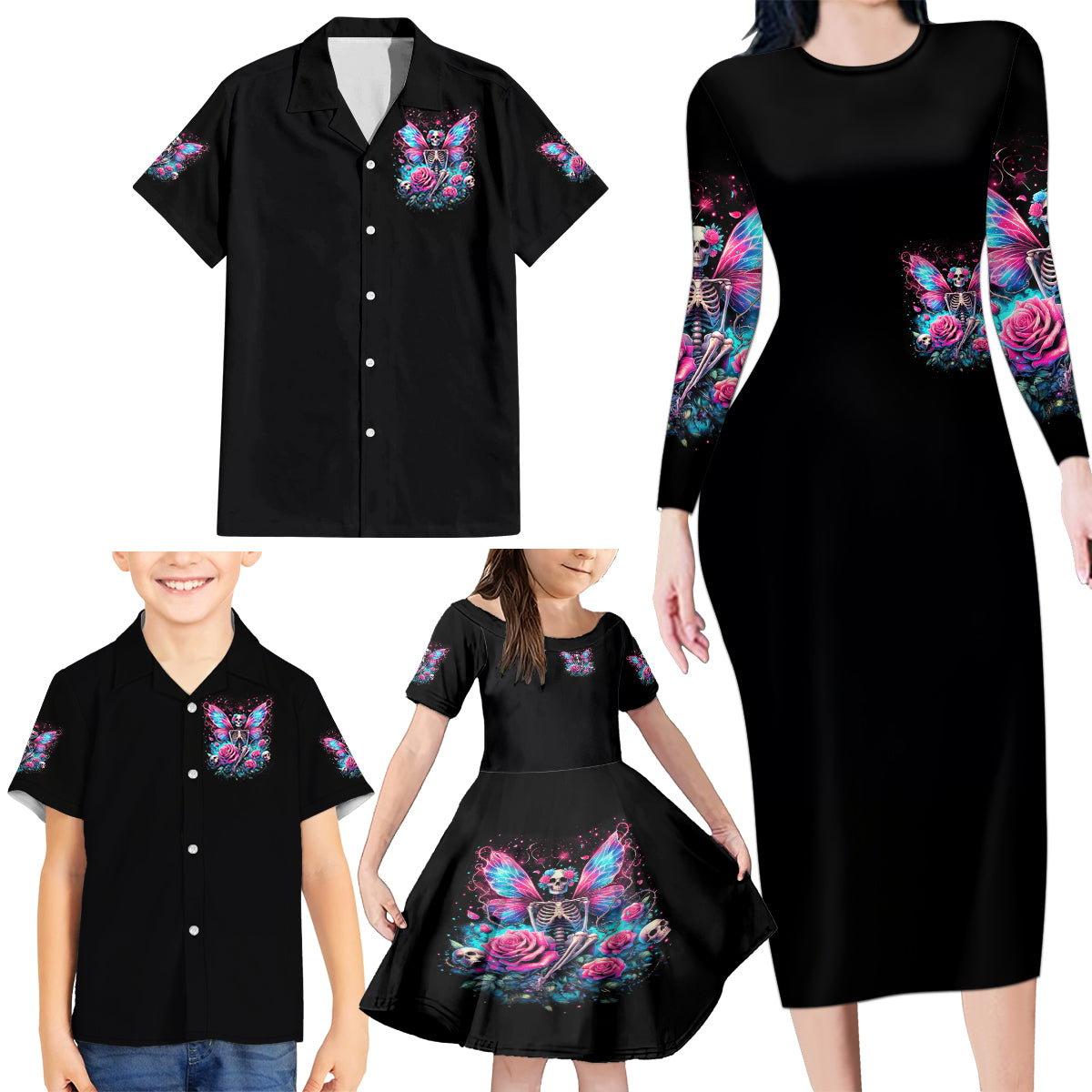 Fairy Skull Family Matching Long Sleeve Bodycon Dress and Hawaiian Shirt This Girl Powered By Bitch Dust - Wonder Print Shop