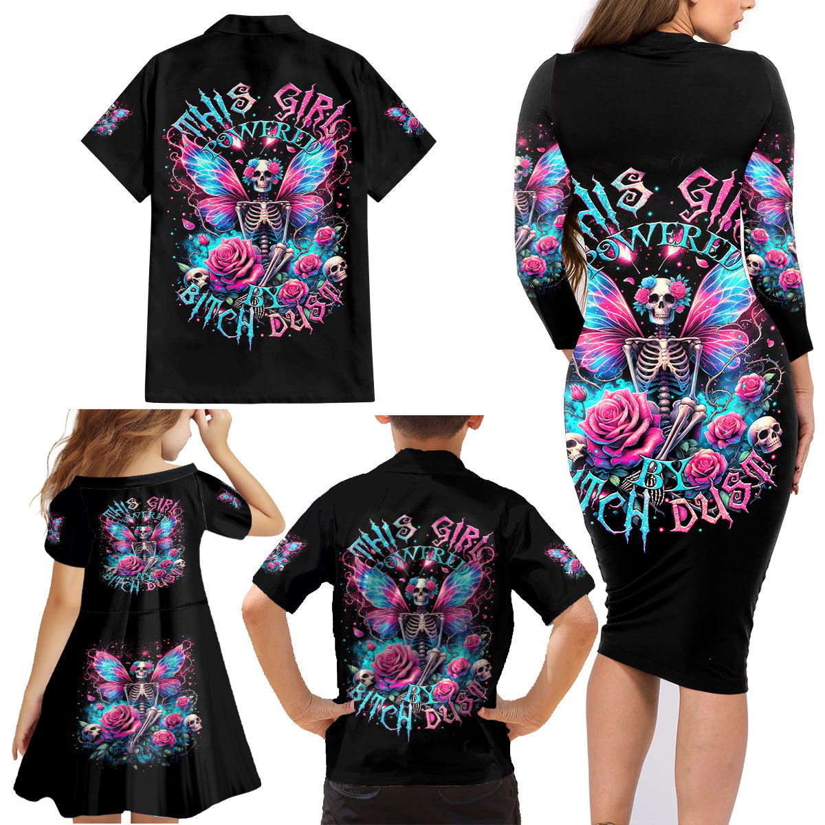 Fairy Skull Family Matching Long Sleeve Bodycon Dress and Hawaiian Shirt This Girl Powered By Bitch Dust - Wonder Print Shop