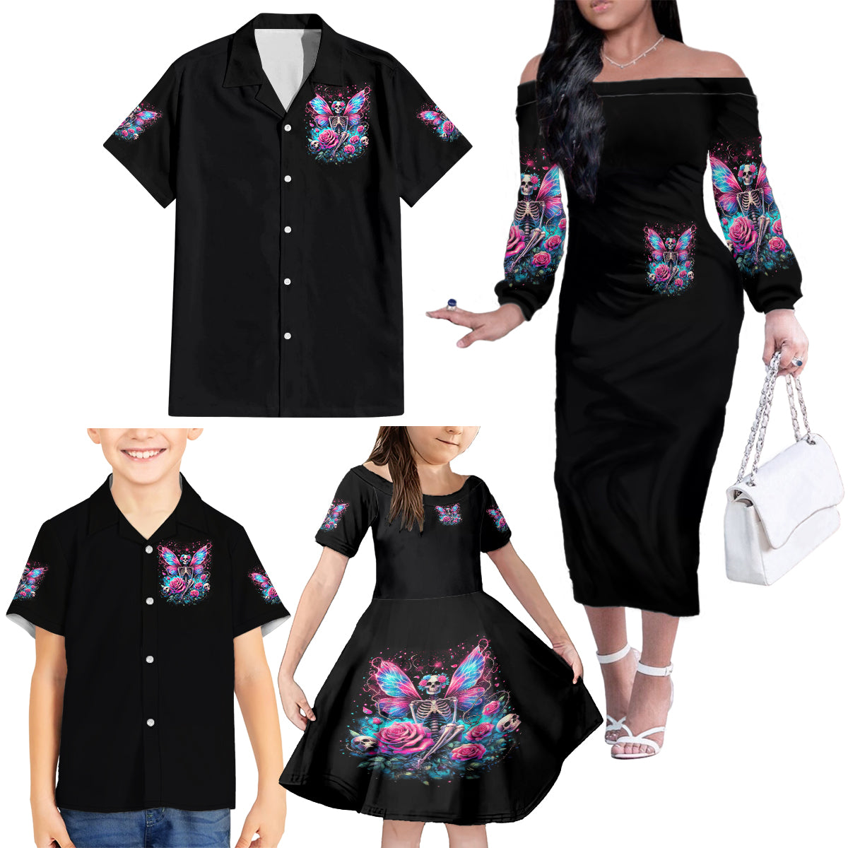 Fairy Skull Family Matching Off Shoulder Long Sleeve Dress and Hawaiian Shirt This Girl Powered By Bitch Dust - Wonder Print Shop