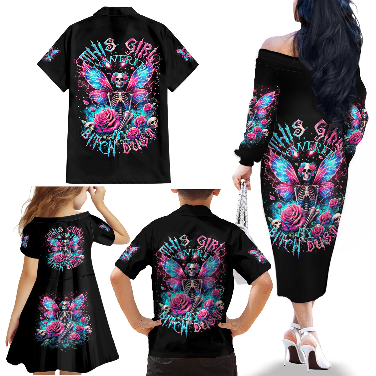 Fairy Skull Family Matching Off Shoulder Long Sleeve Dress and Hawaiian Shirt This Girl Powered By Bitch Dust - Wonder Print Shop