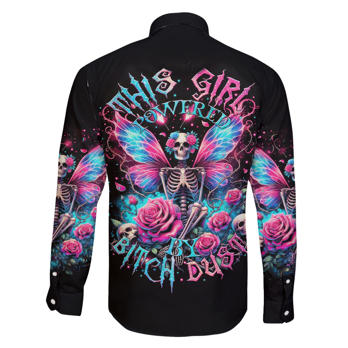 Fairy Skull Family Matching Off Shoulder Long Sleeve Dress and Hawaiian Shirt This Girl Powered By Bitch Dust - Wonder Print Shop