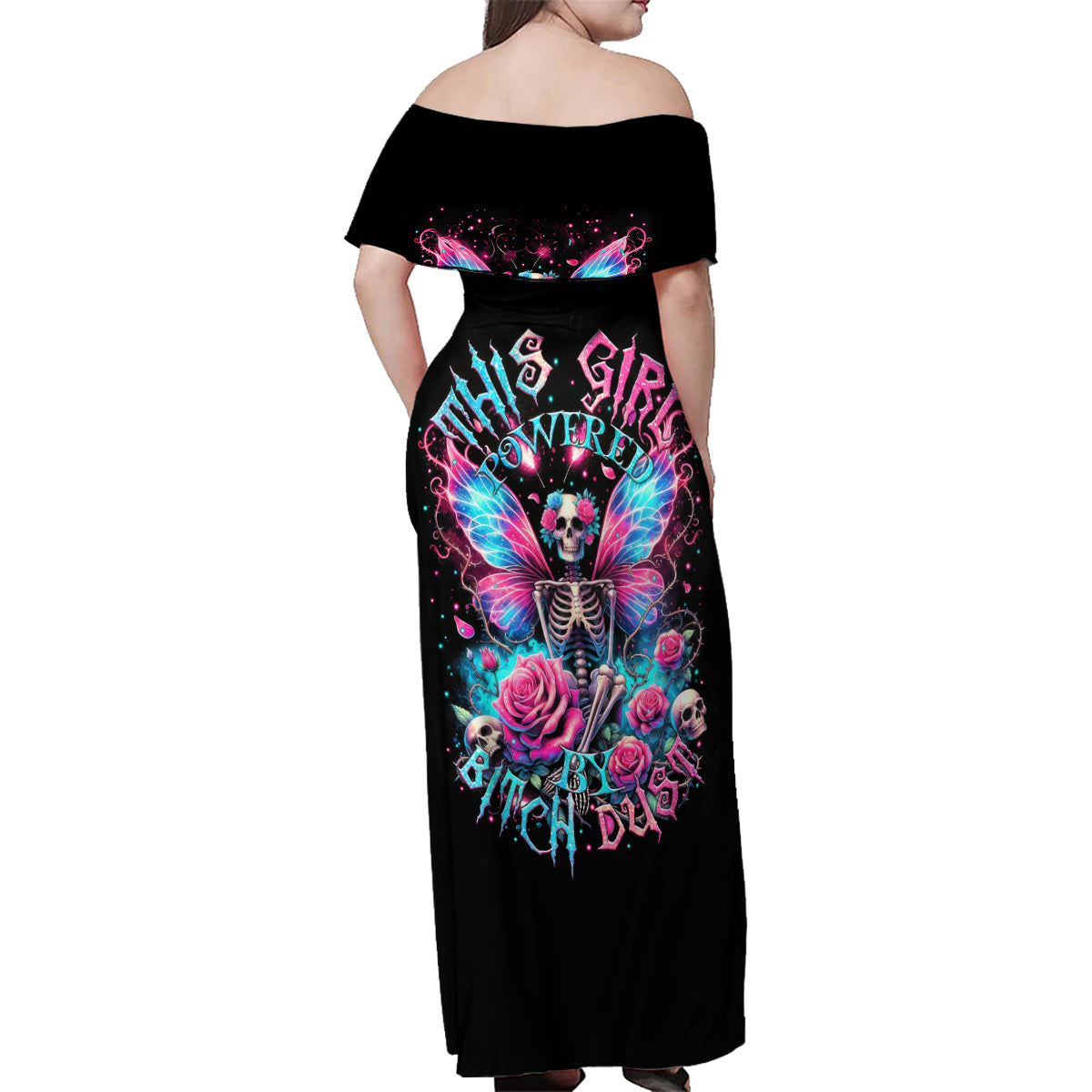 Fairy Skull Family Matching Off Shoulder Maxi Dress and Hawaiian Shirt This Girl Powered By Bitch Dust - Wonder Print Shop