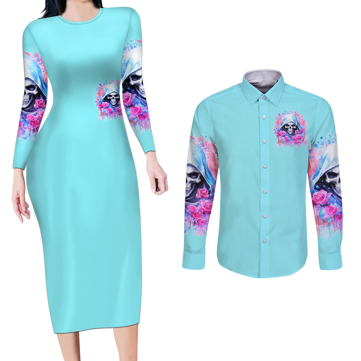 Witch Skull Couples Matching Long Sleeve Bodycon Dress and Long Sleeve Button Shirt Assuming Was Like Most Girls Was Your First Mistake - Wonder Print Shop