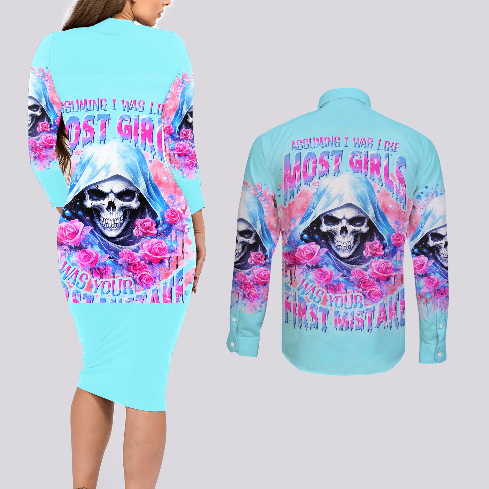 Witch Skull Couples Matching Long Sleeve Bodycon Dress and Long Sleeve Button Shirt Assuming Was Like Most Girls Was Your First Mistake - Wonder Print Shop