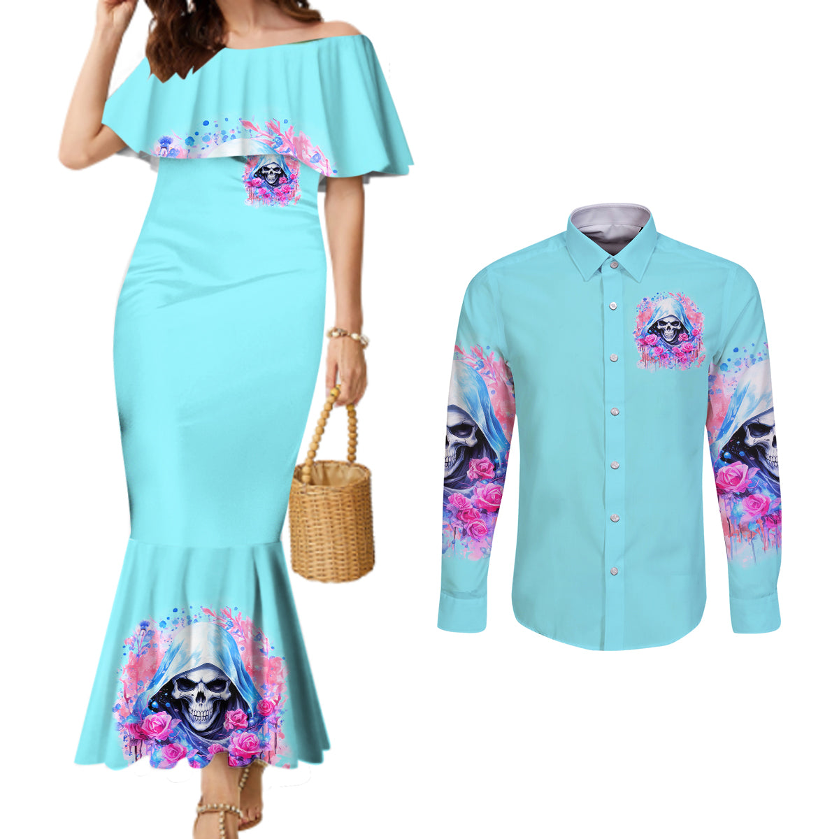 Witch Skull Couples Matching Mermaid Dress and Long Sleeve Button Shirt Assuming Was Like Most Girls Was Your First Mistake