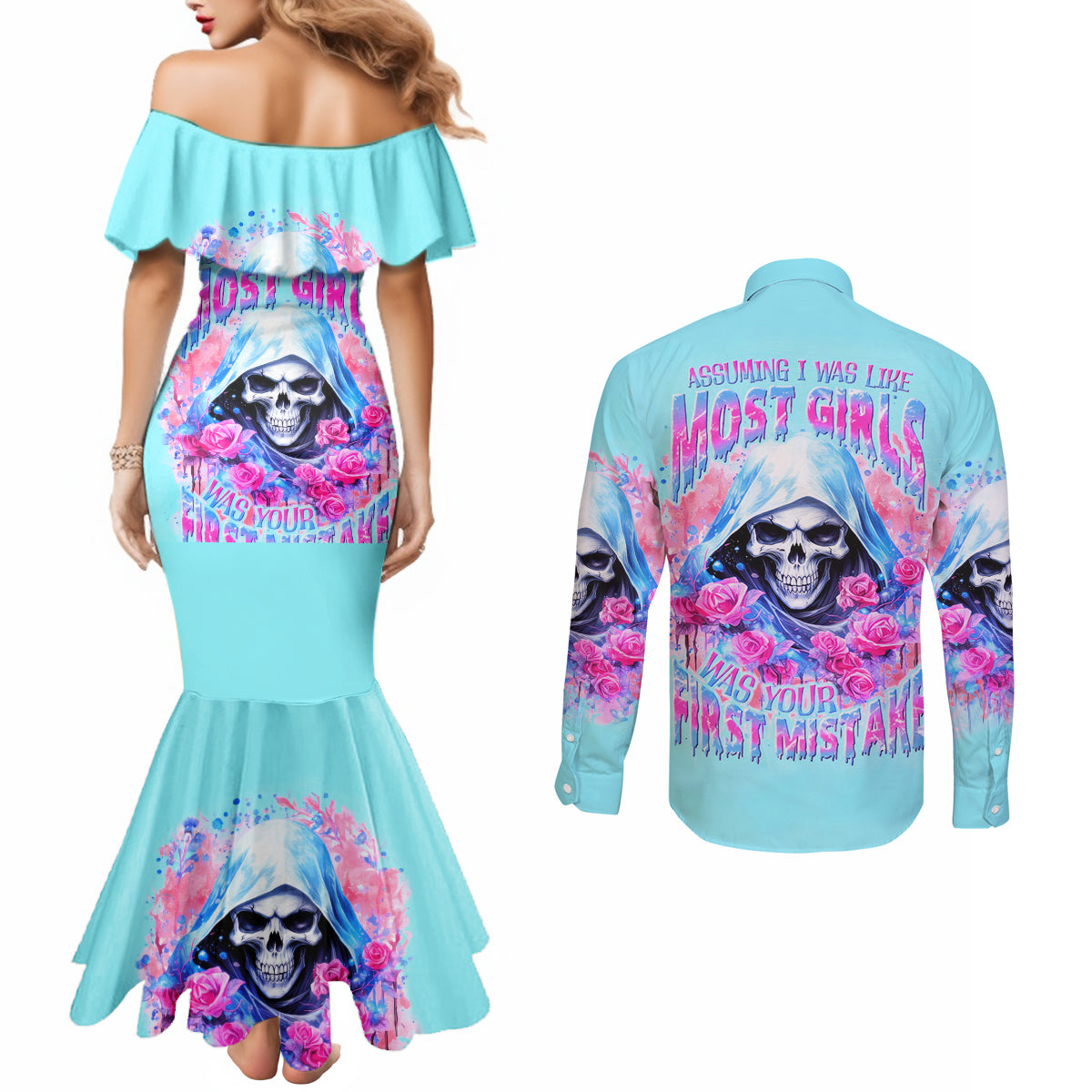 Witch Skull Couples Matching Mermaid Dress and Long Sleeve Button Shirt Assuming Was Like Most Girls Was Your First Mistake