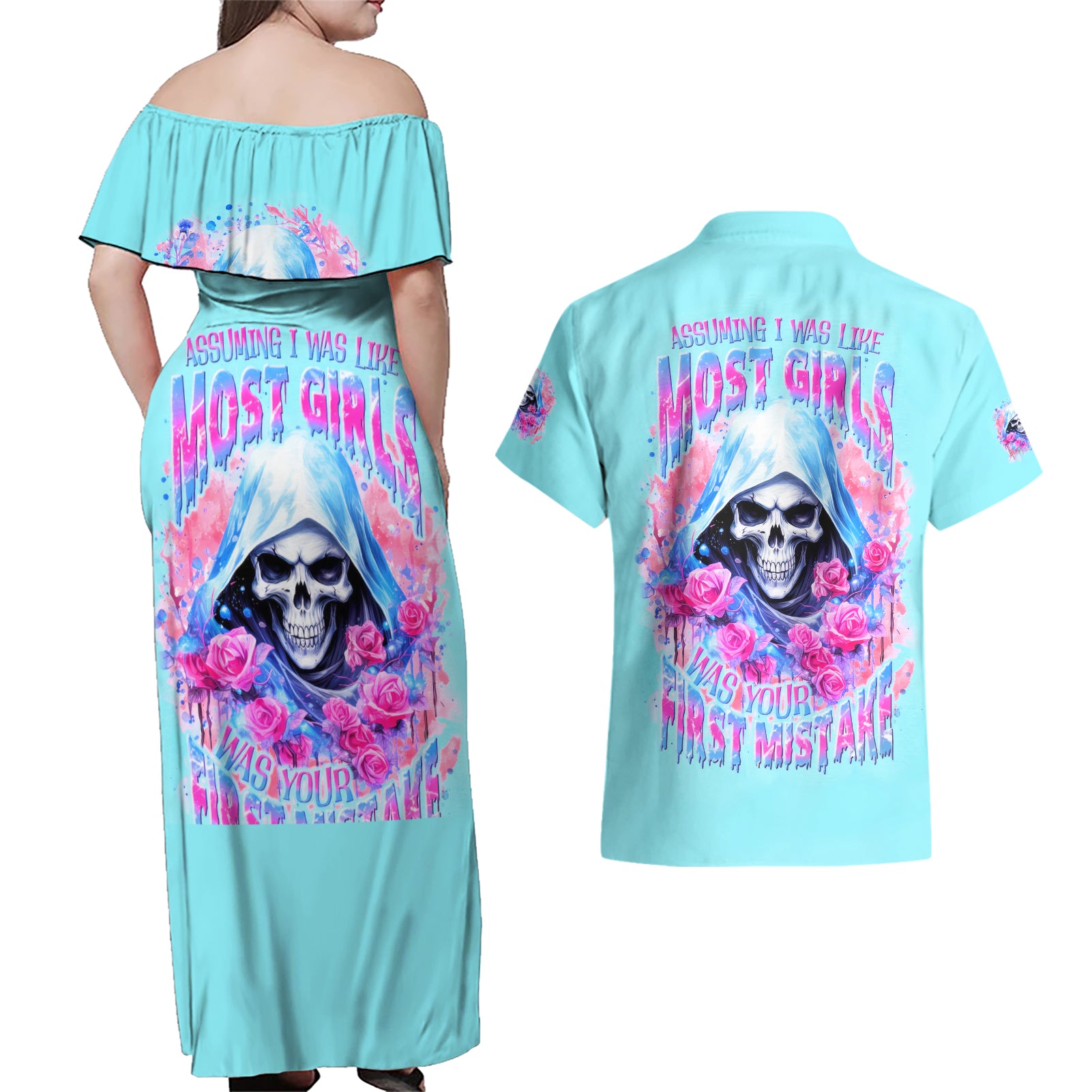 Witch Skull Couples Matching Off Shoulder Maxi Dress and Hawaiian Shirt Assuming Was Like Most Girls Was Your First Mistake - Wonder Print Shop