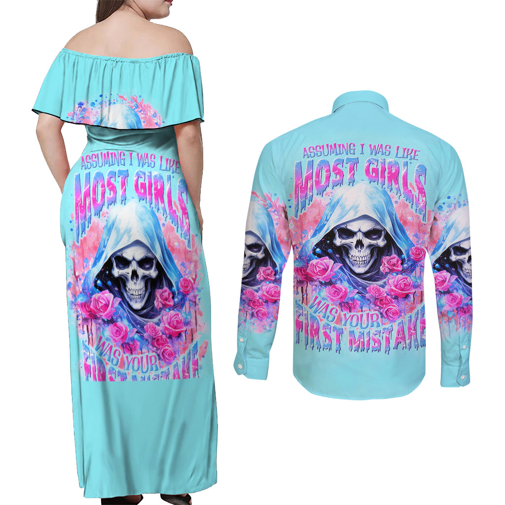 Witch Skull Couples Matching Off Shoulder Maxi Dress and Long Sleeve Button Shirt Assuming Was Like Most Girls Was Your First Mistake - Wonder Print Shop