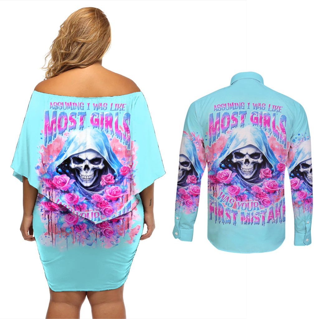 Witch Skull Couples Matching Off Shoulder Short Dress and Long Sleeve Button Shirt Assuming Was Like Most Girls Was Your First Mistake - Wonder Print Shop