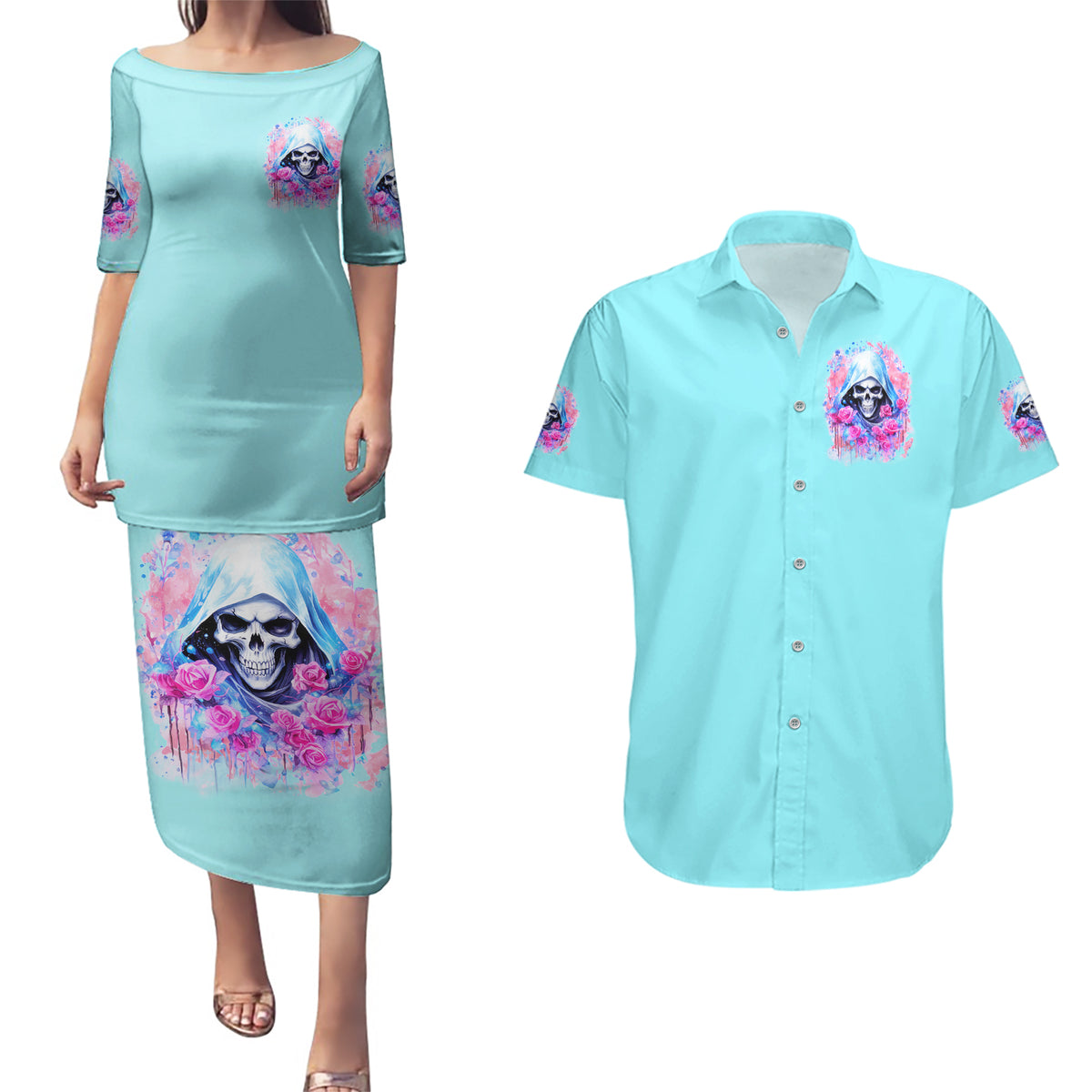 Witch Skull Couples Matching Puletasi and Hawaiian Shirt Assuming Was Like Most Girls Was Your First Mistake - Wonder Print Shop