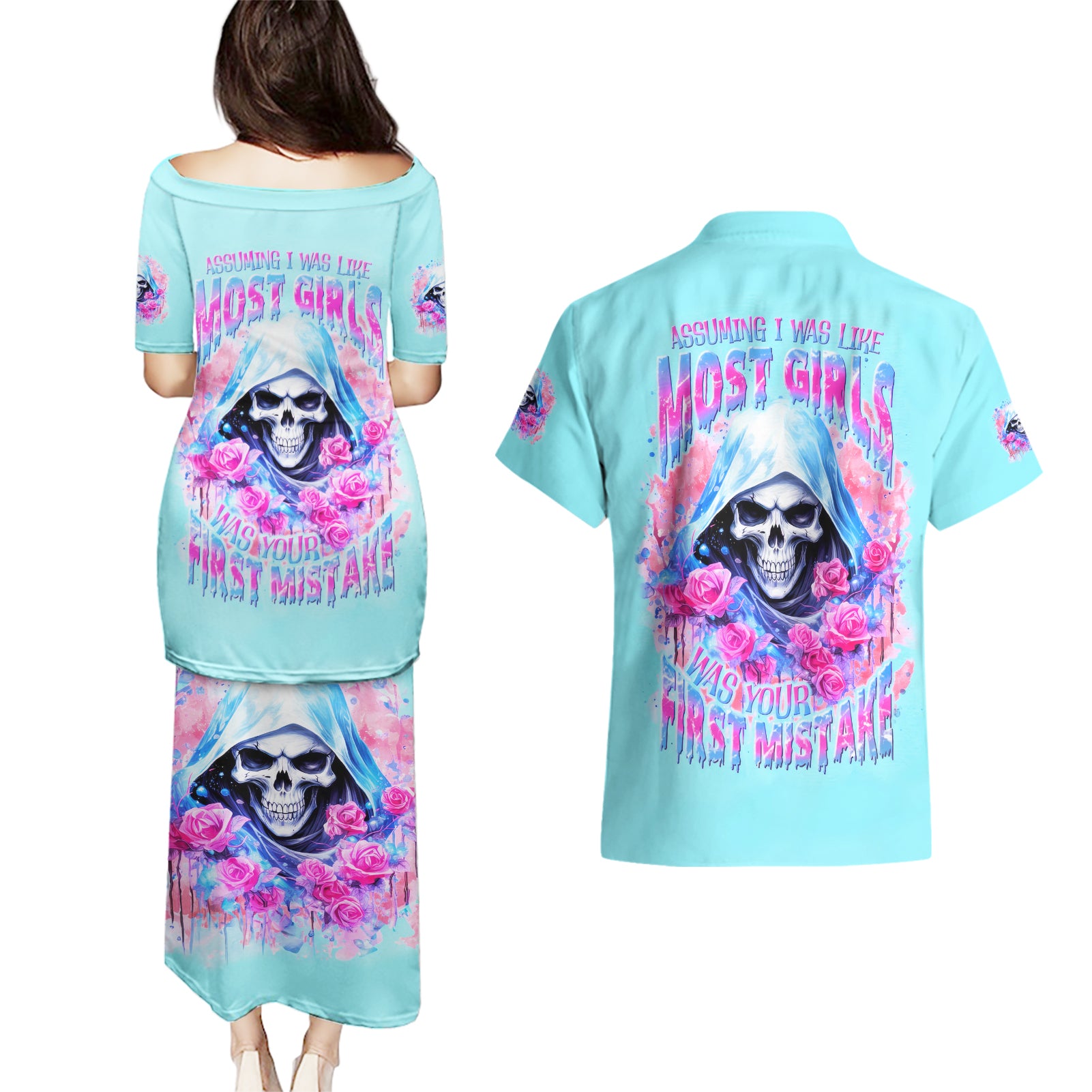 Witch Skull Couples Matching Puletasi and Hawaiian Shirt Assuming Was Like Most Girls Was Your First Mistake - Wonder Print Shop