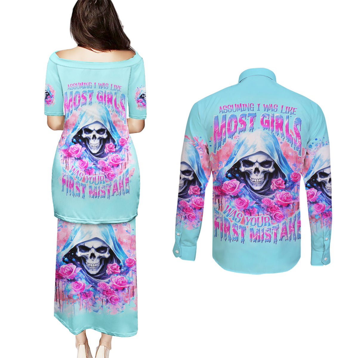 Witch Skull Couples Matching Puletasi and Long Sleeve Button Shirt Assuming Was Like Most Girls Was Your First Mistake - Wonder Print Shop