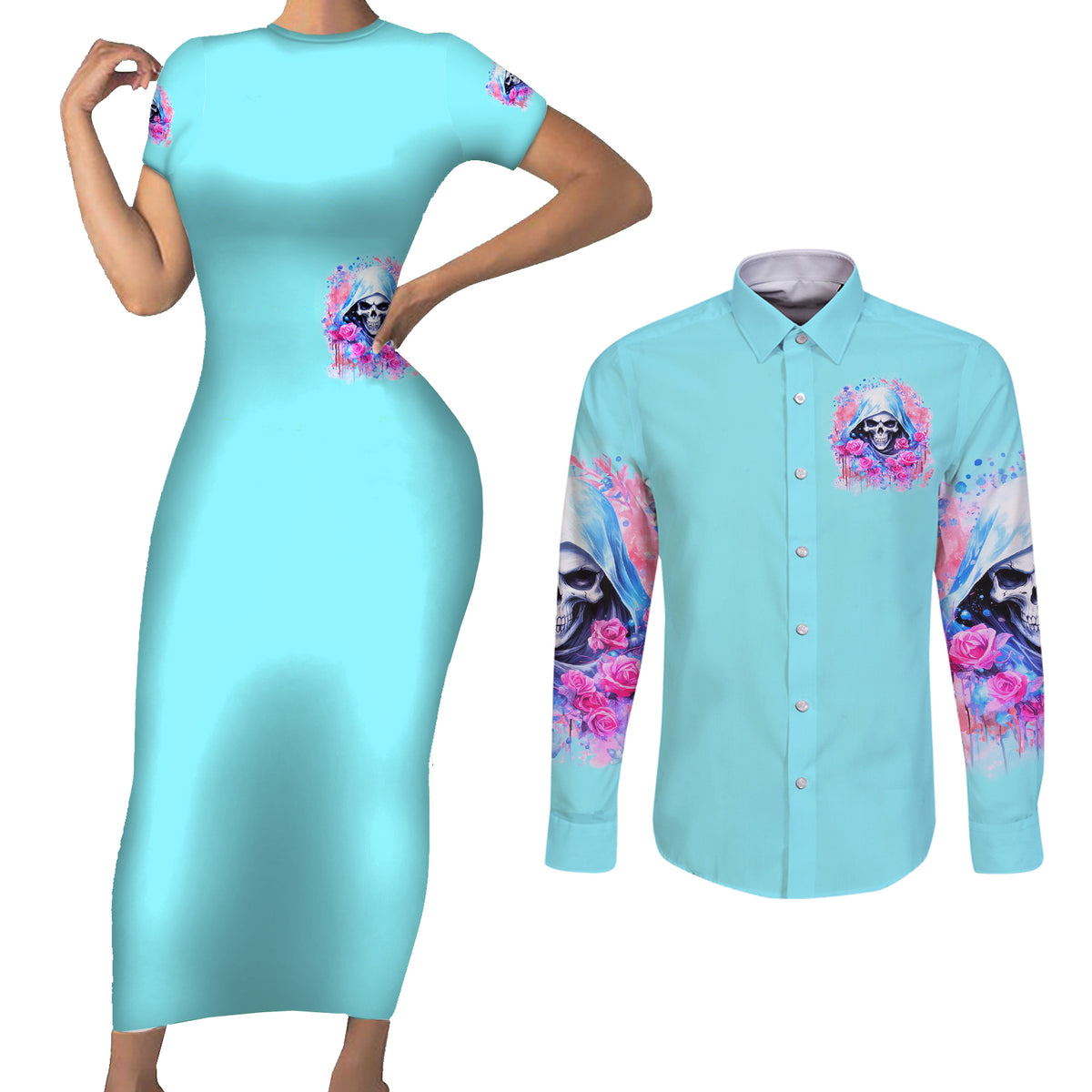 Witch Skull Couples Matching Short Sleeve Bodycon Dress and Long Sleeve Button Shirt Assuming Was Like Most Girls Was Your First Mistake - Wonder Print Shop