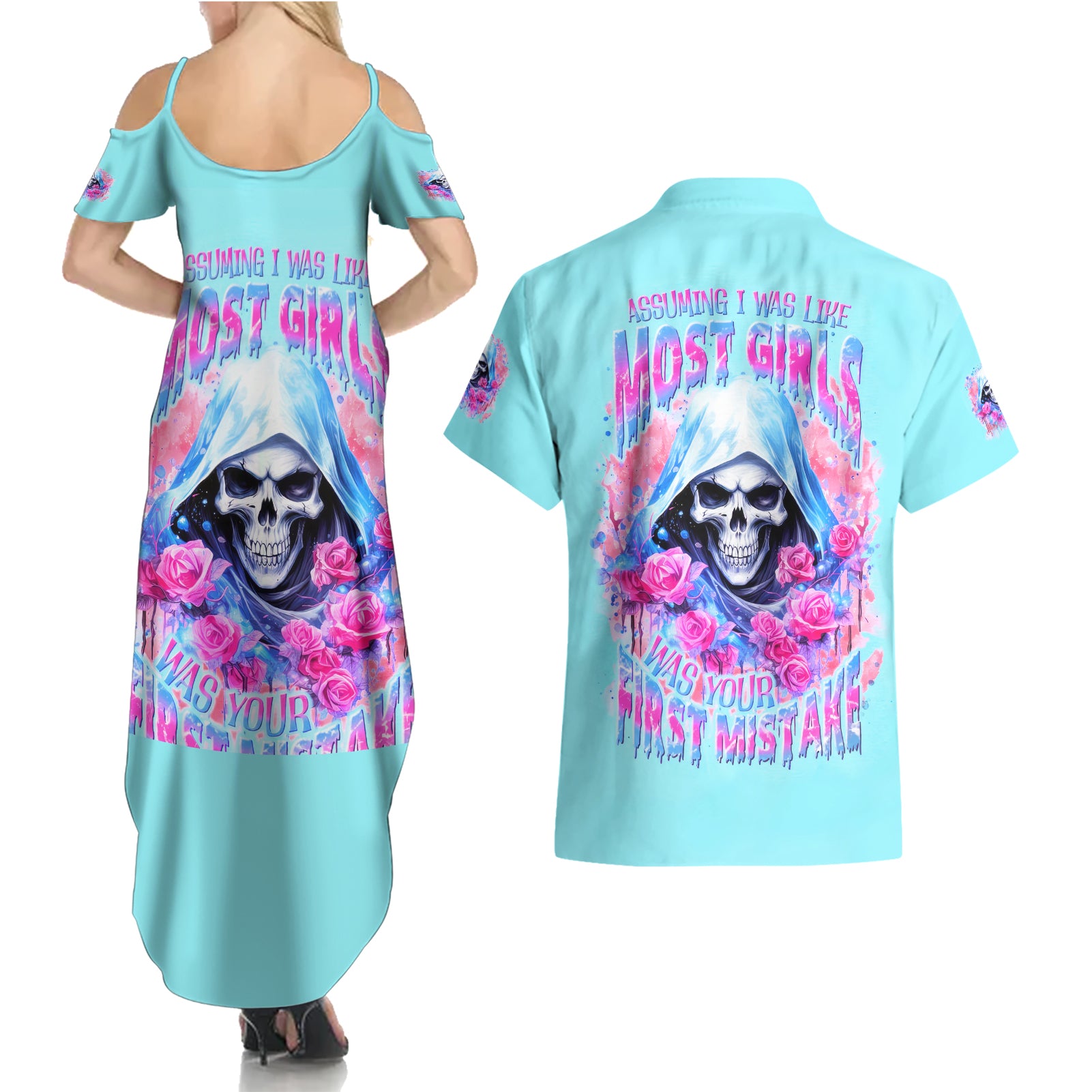 Witch Skull Couples Matching Summer Maxi Dress and Hawaiian Shirt Assuming Was Like Most Girls Was Your First Mistake - Wonder Print Shop