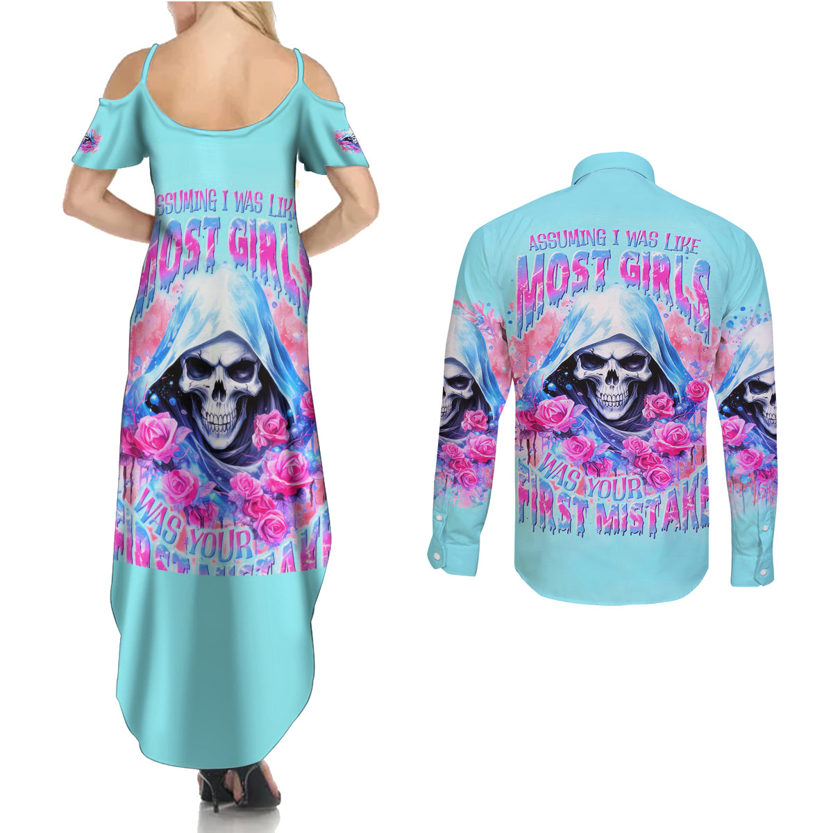 Witch Skull Couples Matching Summer Maxi Dress and Long Sleeve Button Shirt Assuming Was Like Most Girls Was Your First Mistake - Wonder Print Shop