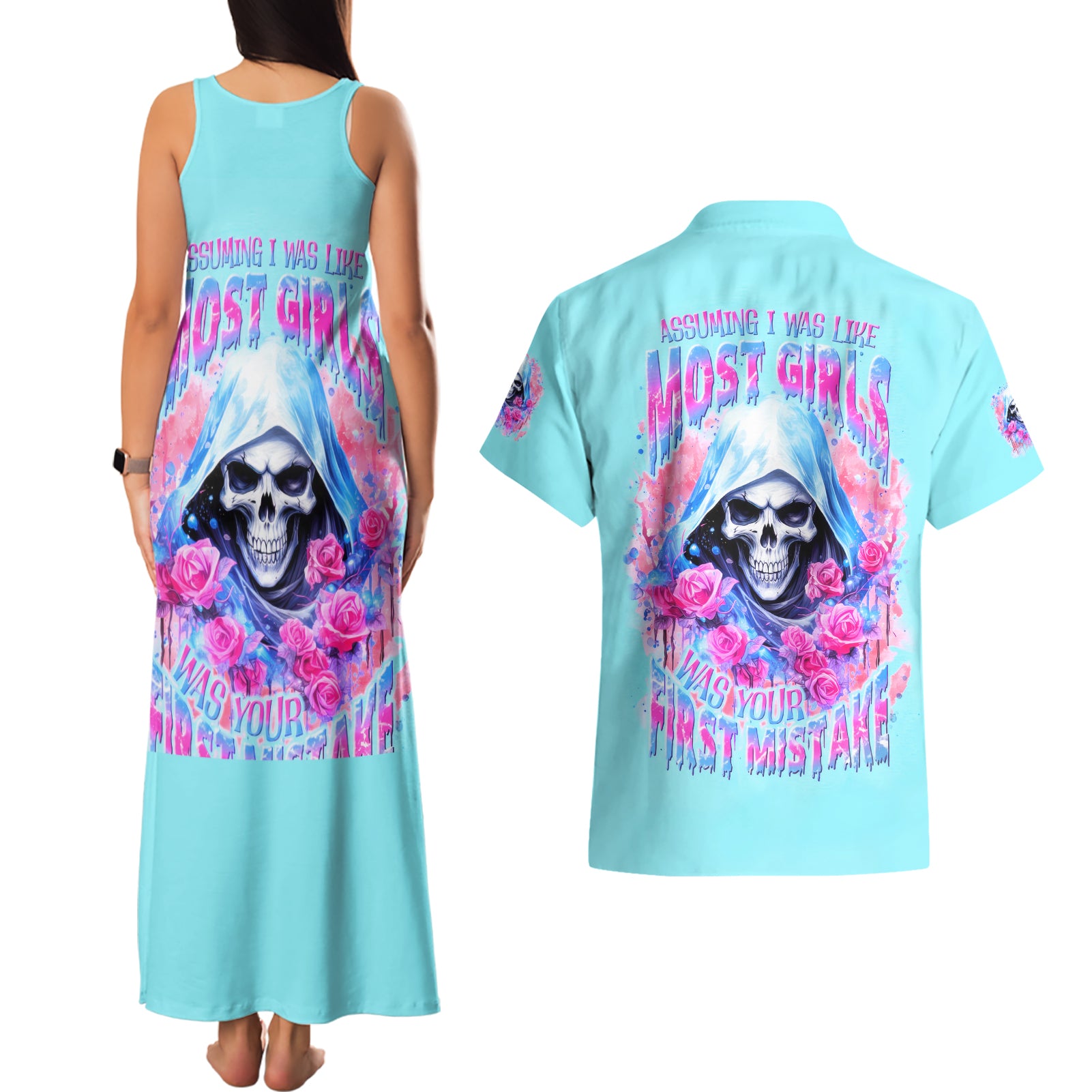 Witch Skull Couples Matching Tank Maxi Dress and Hawaiian Shirt Assuming Was Like Most Girls Was Your First Mistake - Wonder Print Shop