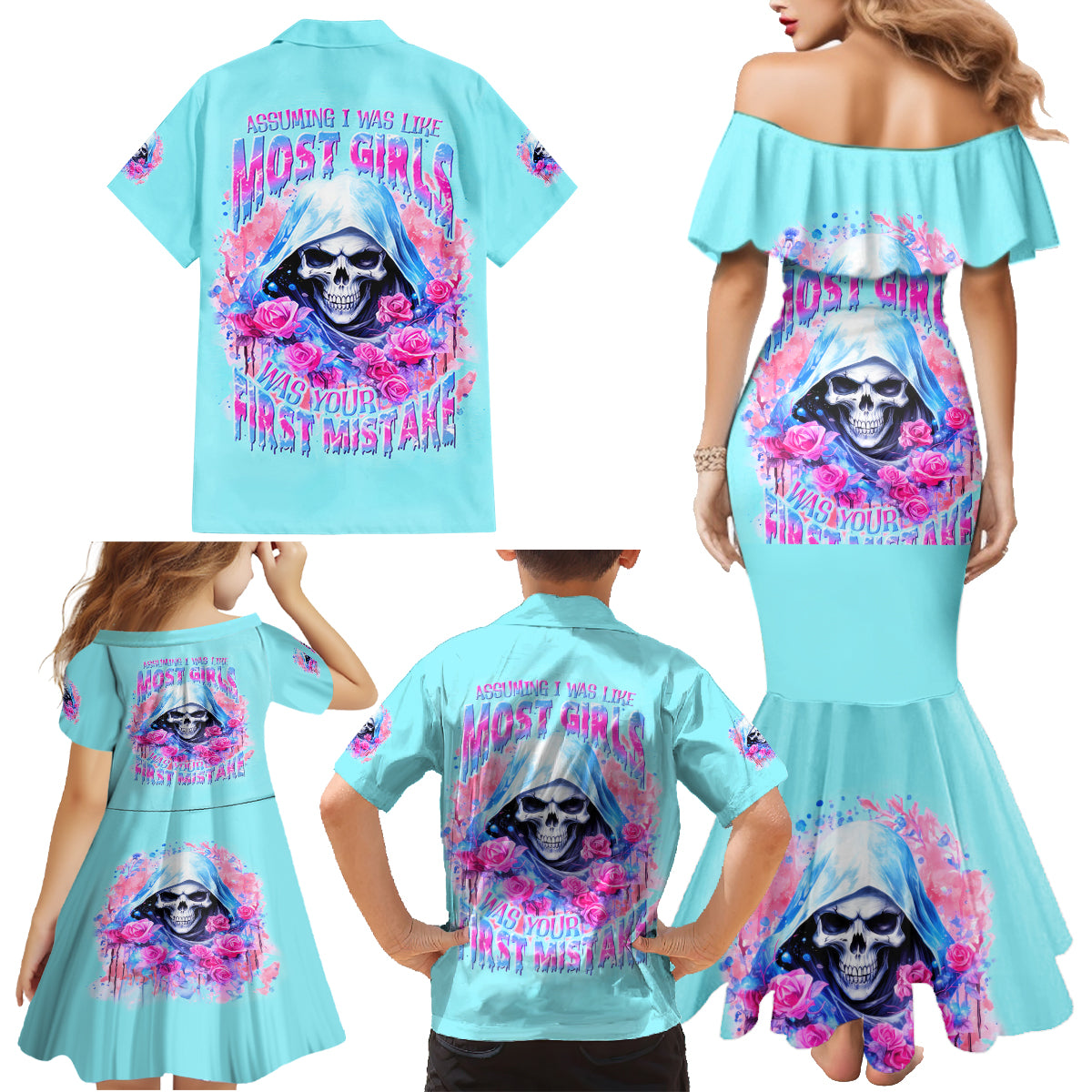 Witch Skull Family Matching Mermaid Dress and Hawaiian Shirt Assuming Was Like Most Girls Was Your First Mistake - Wonder Print Shop