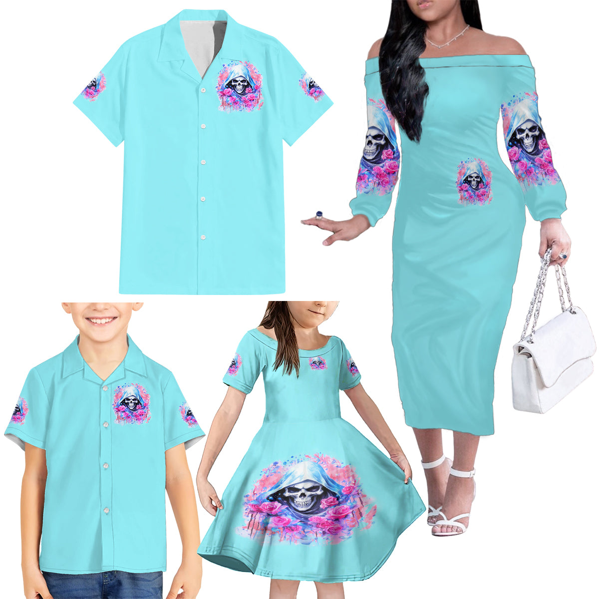 Witch Skull Family Matching Off Shoulder Long Sleeve Dress and Hawaiian Shirt Assuming Was Like Most Girls Was Your First Mistake - Wonder Print Shop