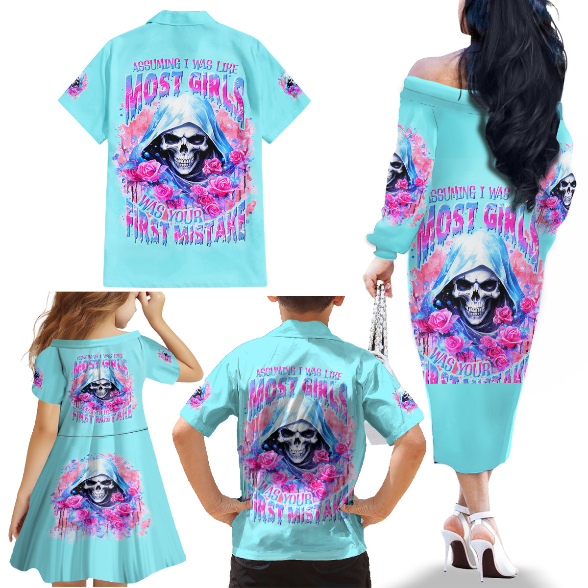 Witch Skull Family Matching Off Shoulder Long Sleeve Dress and Hawaiian Shirt Assuming Was Like Most Girls Was Your First Mistake - Wonder Print Shop