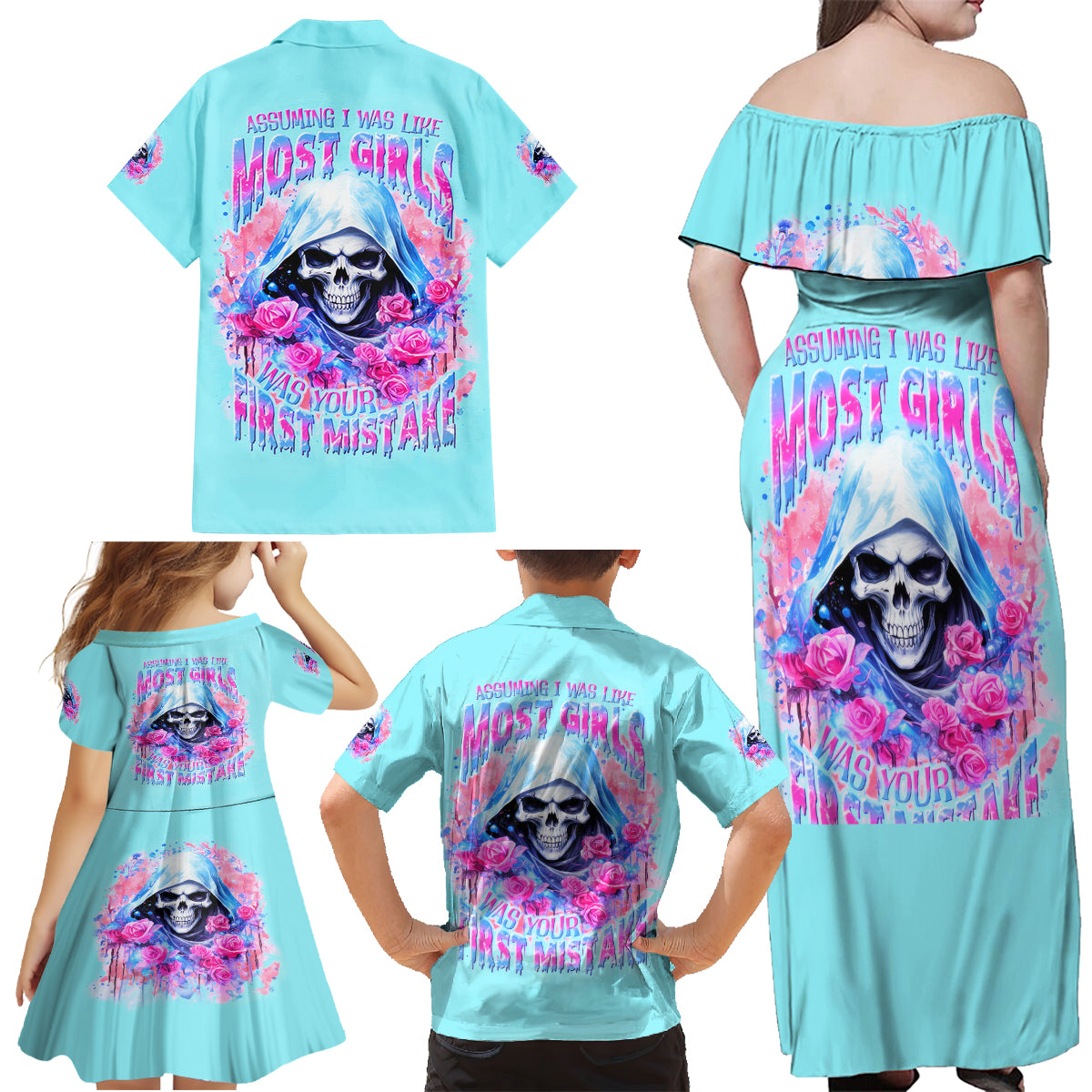 Witch Skull Family Matching Off Shoulder Maxi Dress and Hawaiian Shirt Assuming Was Like Most Girls Was Your First Mistake - Wonder Print Shop