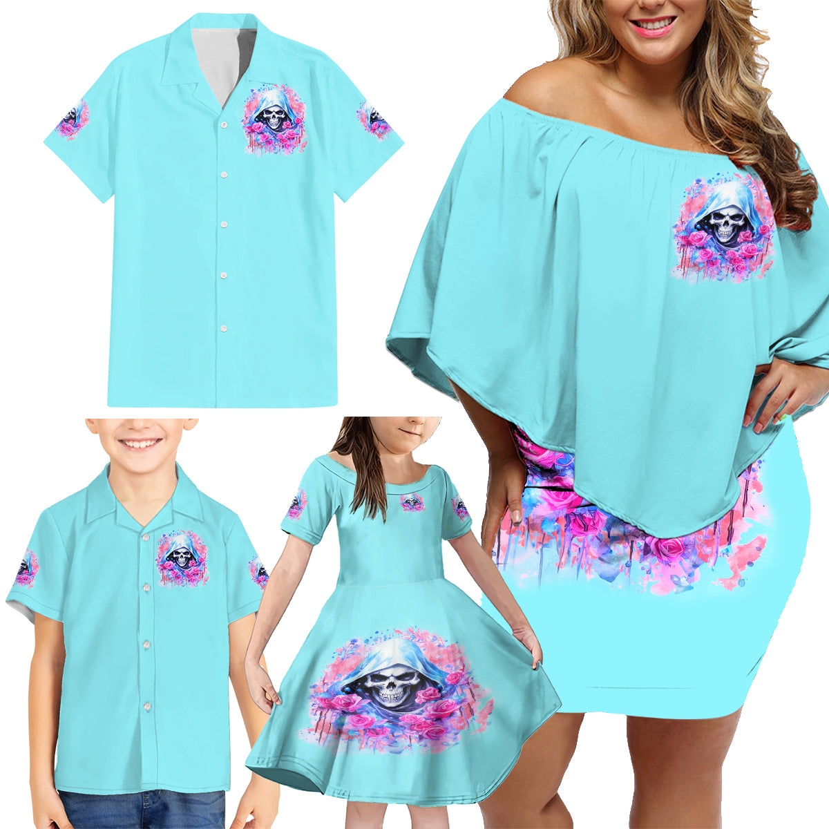 Witch Skull Family Matching Off Shoulder Short Dress and Hawaiian Shirt Assuming Was Like Most Girls Was Your First Mistake - Wonder Print Shop