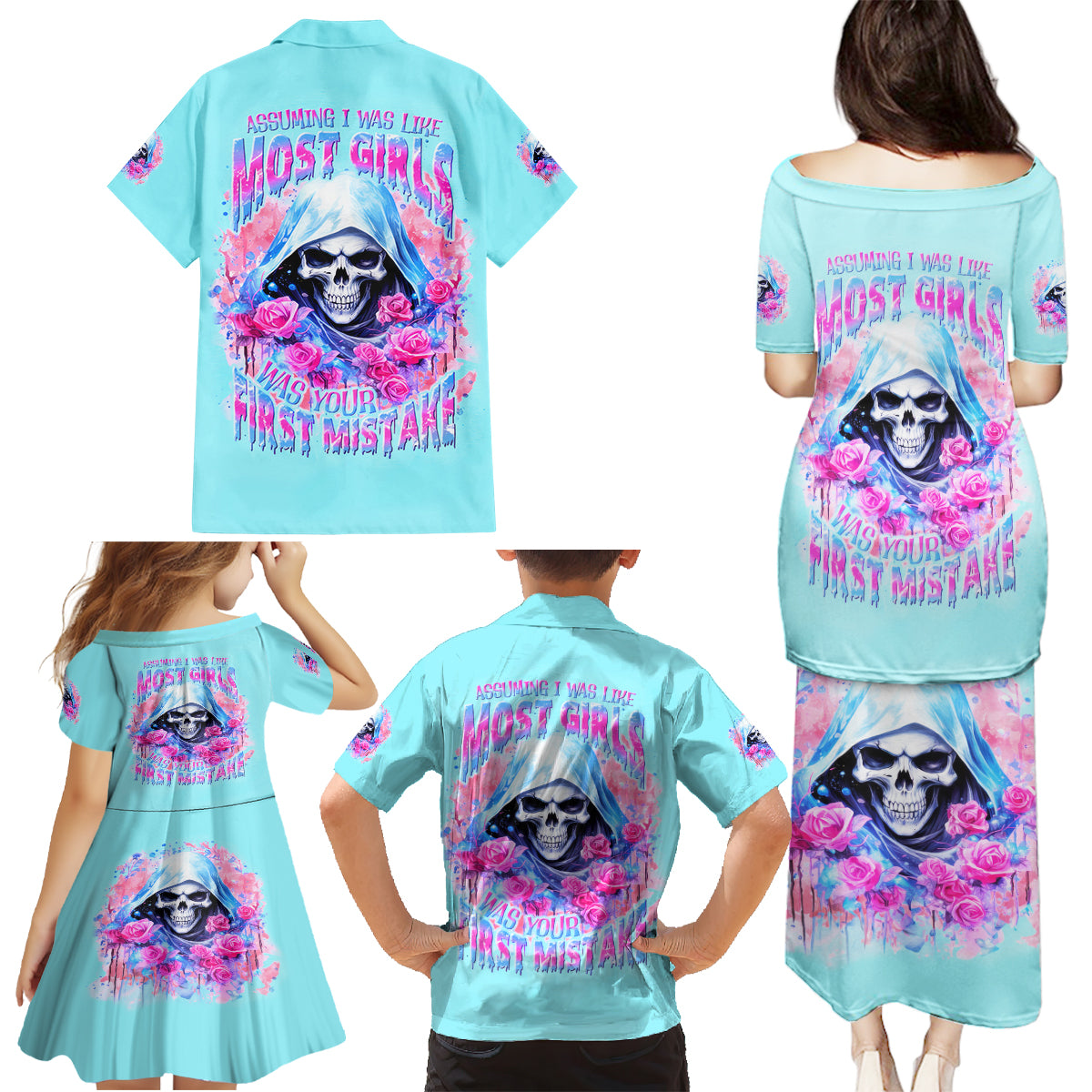 Witch Skull Family Matching Puletasi and Hawaiian Shirt Assuming Was Like Most Girls Was Your First Mistake - Wonder Print Shop