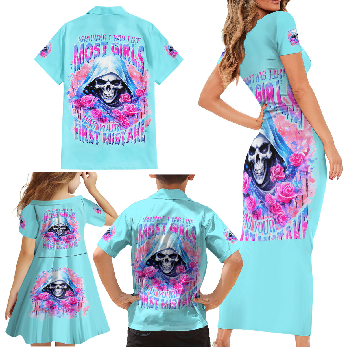 Witch Skull Family Matching Short Sleeve Bodycon Dress and Hawaiian Shirt Assuming Was Like Most Girls Was Your First Mistake - Wonder Print Shop