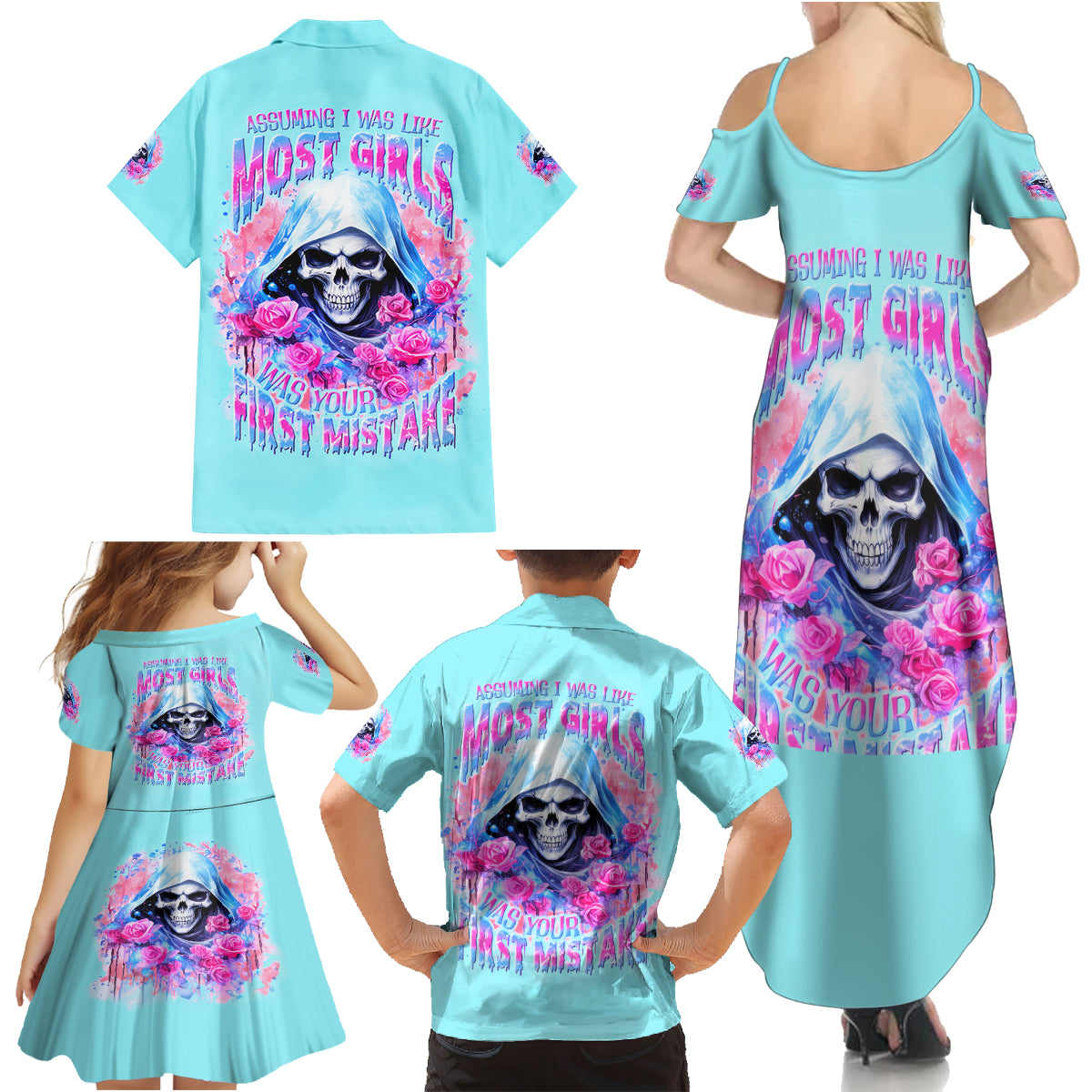 Witch Skull Family Matching Summer Maxi Dress and Hawaiian Shirt Assuming Was Like Most Girls Was Your First Mistake - Wonder Print Shop
