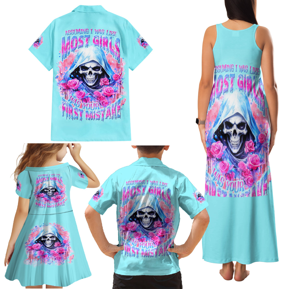 Witch Skull Family Matching Tank Maxi Dress and Hawaiian Shirt Assuming Was Like Most Girls Was Your First Mistake - Wonder Print Shop