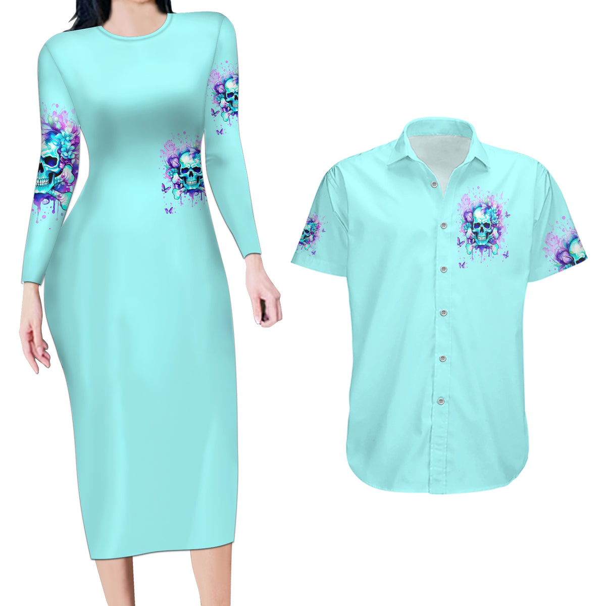 Flower Skull Couples Matching Long Sleeve Bodycon Dress and Hawaiian Shirt I'm A Bitch With A Low Bullshiit Tolrange Don't Try Me - Wonder Print Shop