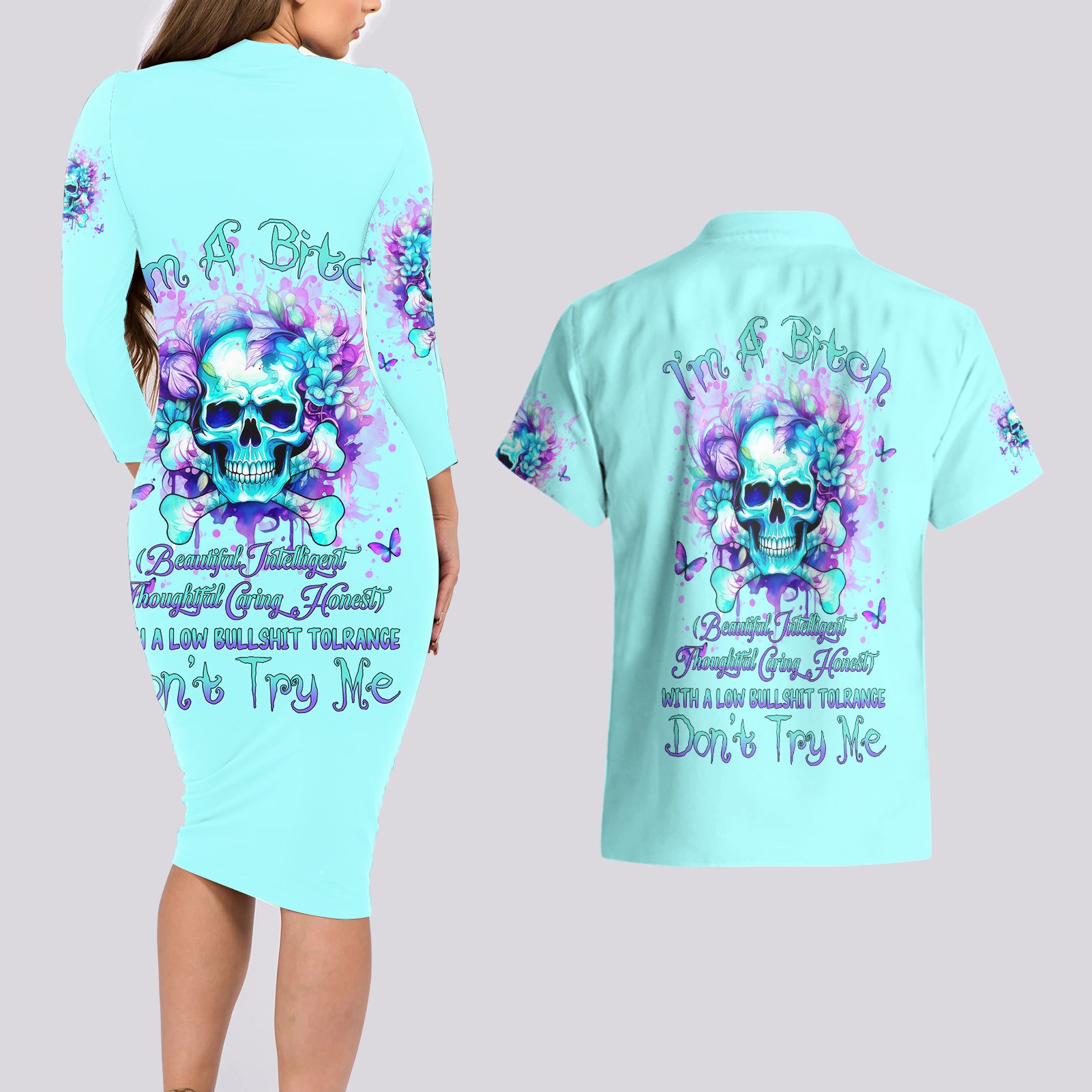 Flower Skull Couples Matching Long Sleeve Bodycon Dress and Hawaiian Shirt I'm A Bitch With A Low Bullshiit Tolrange Don't Try Me - Wonder Print Shop