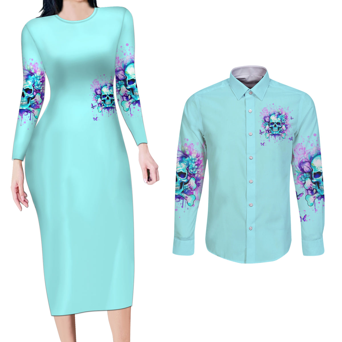 Flower Skull Couples Matching Long Sleeve Bodycon Dress and Long Sleeve Button Shirt I'm A Bitch With A Low Bullshiit Tolrange Don't Try Me - Wonder Print Shop