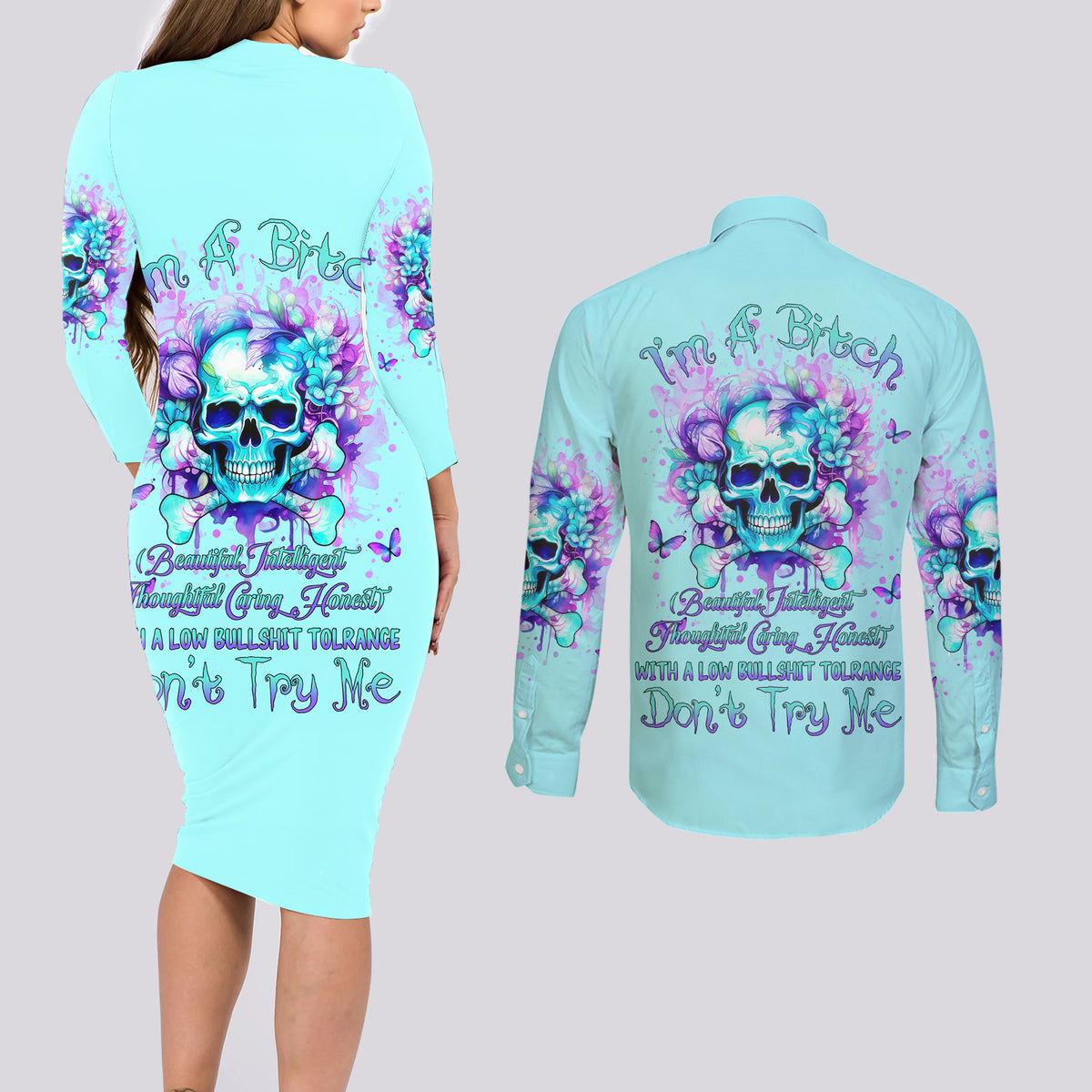 Flower Skull Couples Matching Long Sleeve Bodycon Dress and Long Sleeve Button Shirt I'm A Bitch With A Low Bullshiit Tolrange Don't Try Me - Wonder Print Shop
