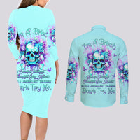 Flower Skull Couples Matching Long Sleeve Bodycon Dress and Long Sleeve Button Shirt I'm A Bitch With A Low Bullshiit Tolrange Don't Try Me - Wonder Print Shop