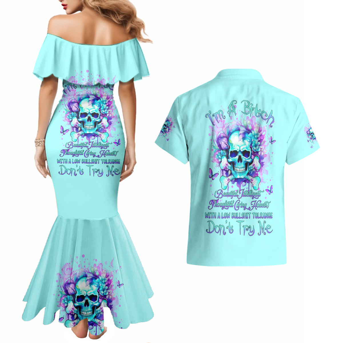 Flower Skull Couples Matching Mermaid Dress and Hawaiian Shirt I'm A Bitch With A Low Bullshiit Tolrange Don't Try Me - Wonder Print Shop