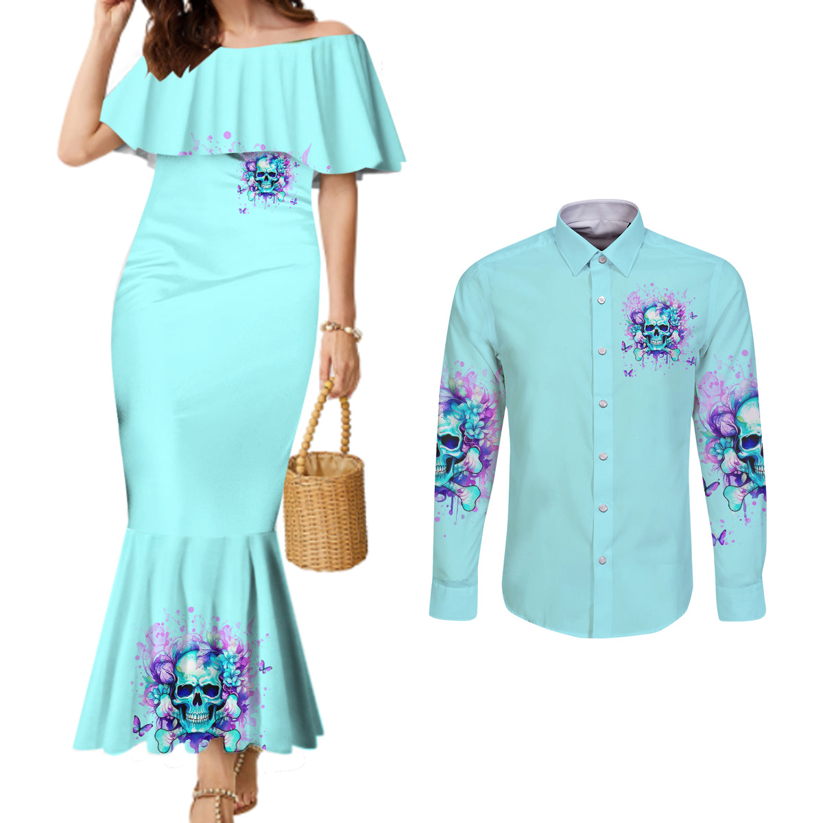 Flower Skull Couples Matching Mermaid Dress and Long Sleeve Button Shirt I'm A Bitch With A Low Bullshiit Tolrange Don't Try Me