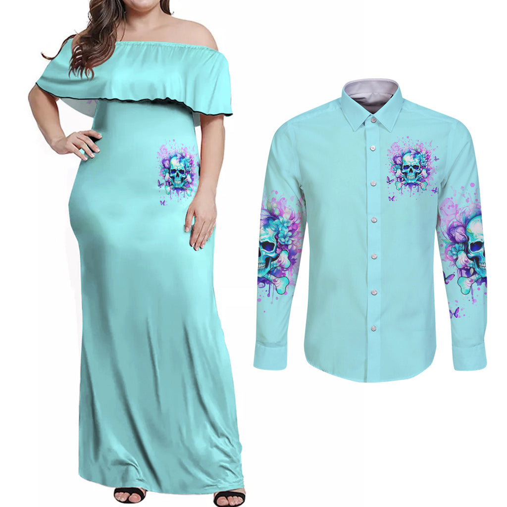 Flower Skull Couples Matching Off Shoulder Maxi Dress and Long Sleeve Button Shirt I'm A Bitch With A Low Bullshiit Tolrange Don't Try Me - Wonder Print Shop