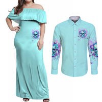 Flower Skull Couples Matching Off Shoulder Maxi Dress and Long Sleeve Button Shirt I'm A Bitch With A Low Bullshiit Tolrange Don't Try Me - Wonder Print Shop